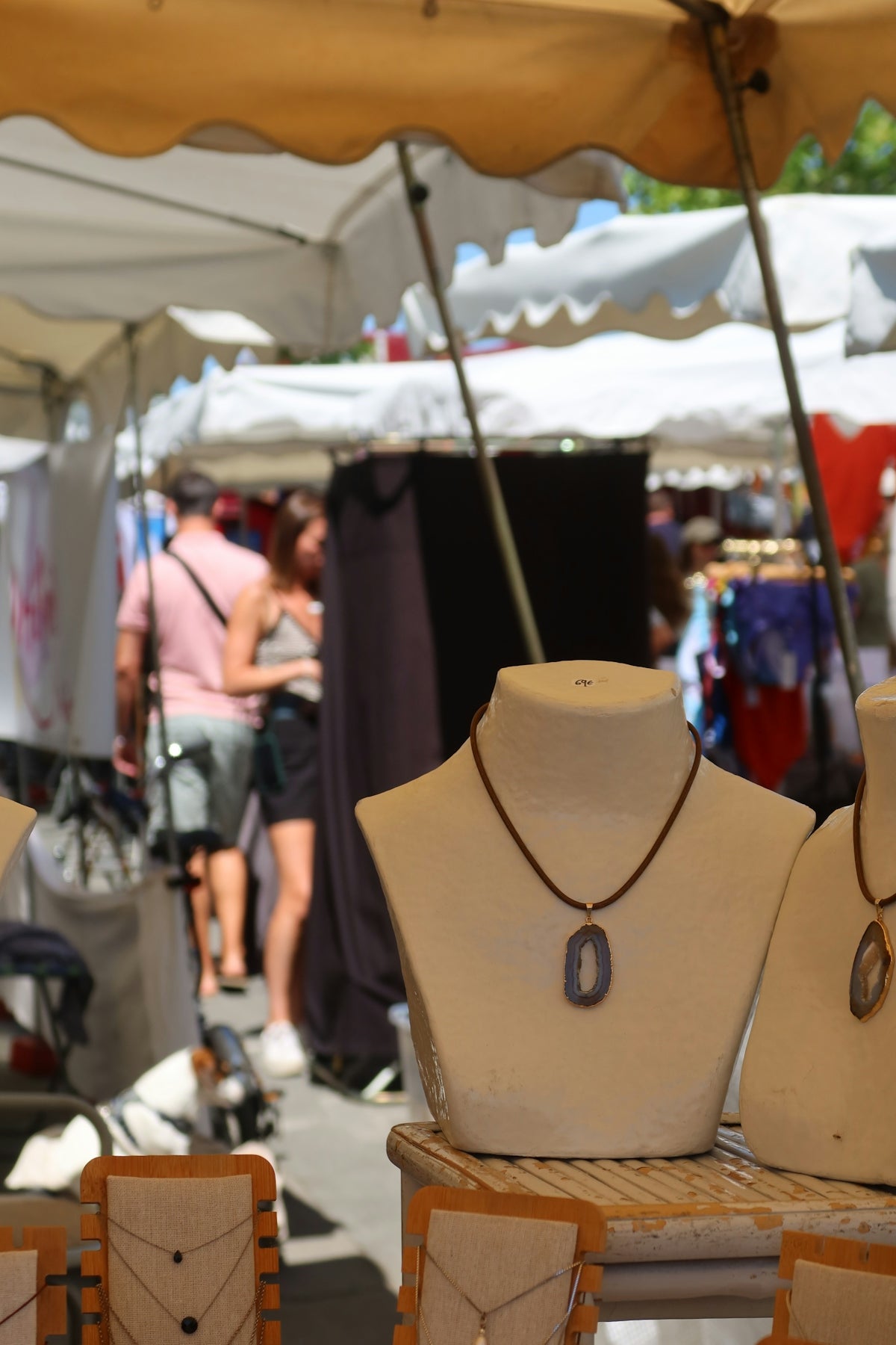 Jewelry displayed at a market.