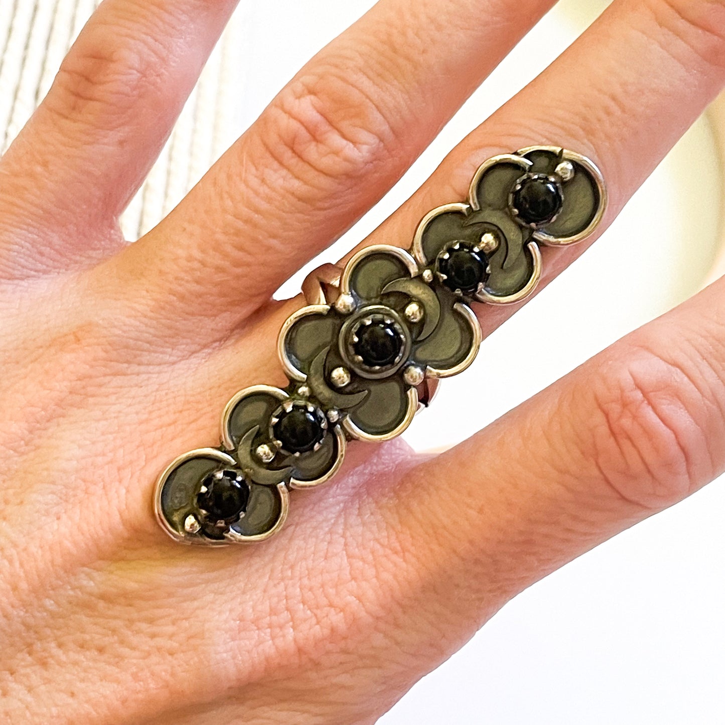 Blk Onyx Cloud, Moon, Star Crawler Ring - Solid Sterling Silver
