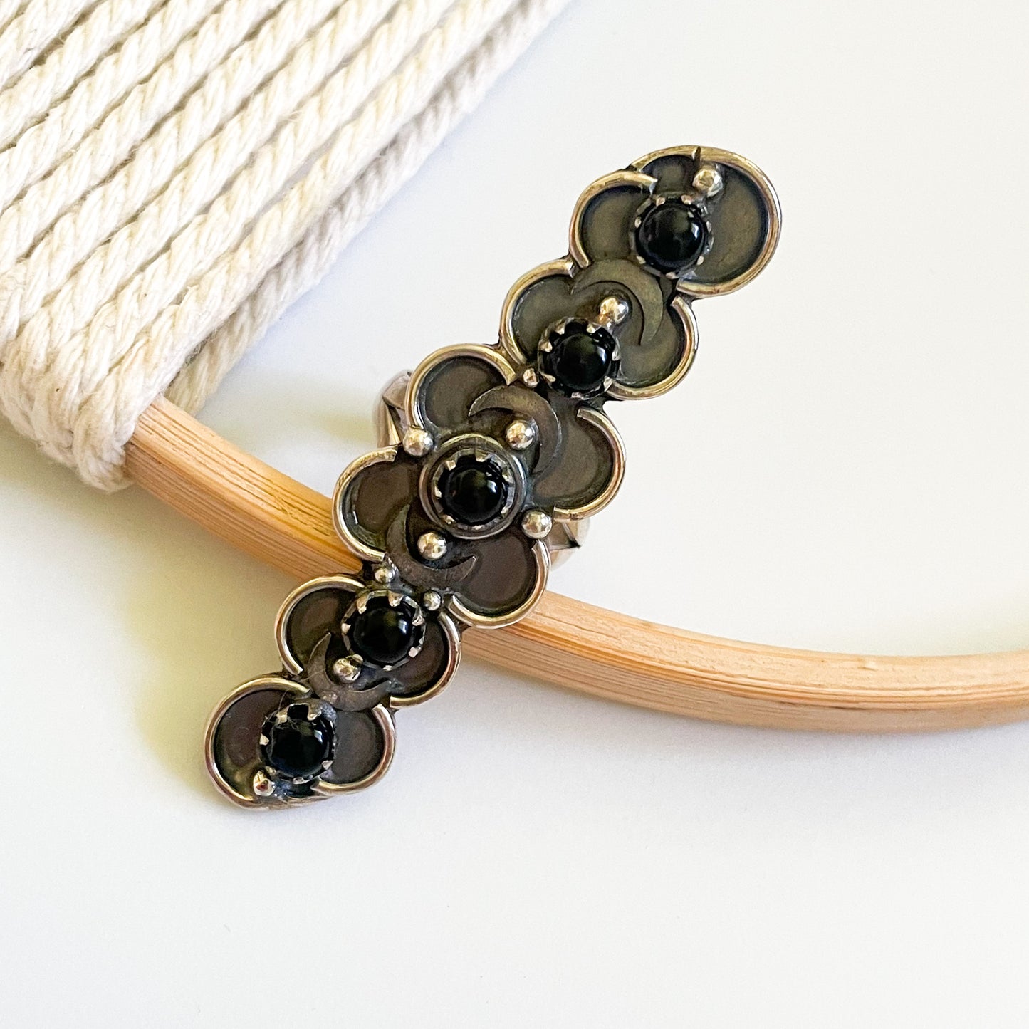 Blk Onyx Cloud, Moon, Star Crawler Ring - Solid Sterling Silver