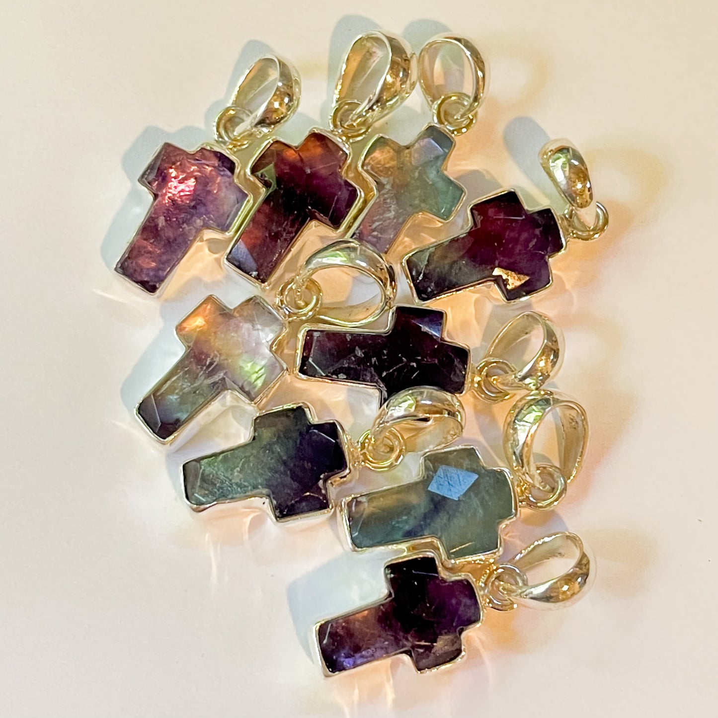 Fluorite Cross Dainty Pendant - Solid Sterling Silver