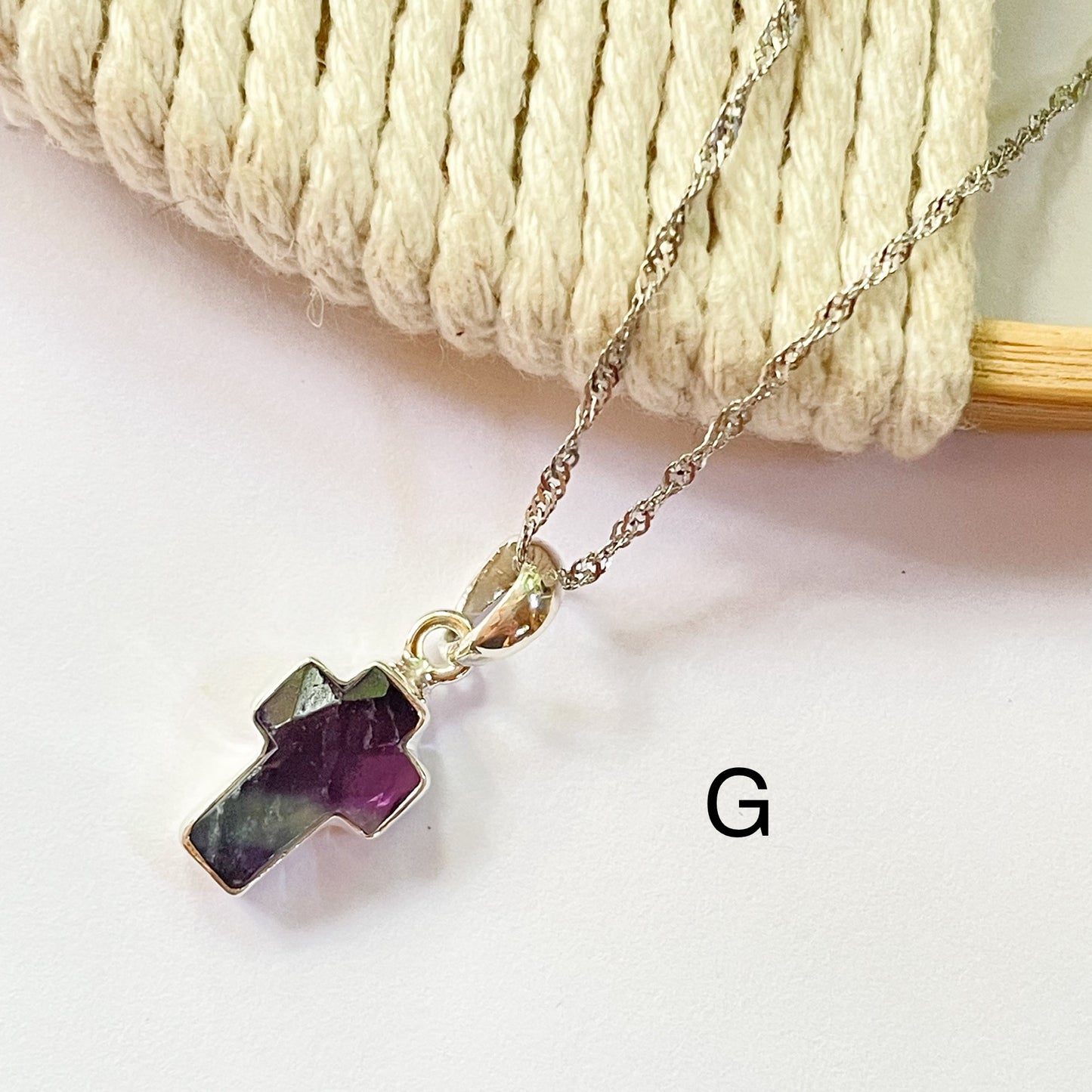 Fluorite Cross Dainty Pendant - Solid Sterling Silver