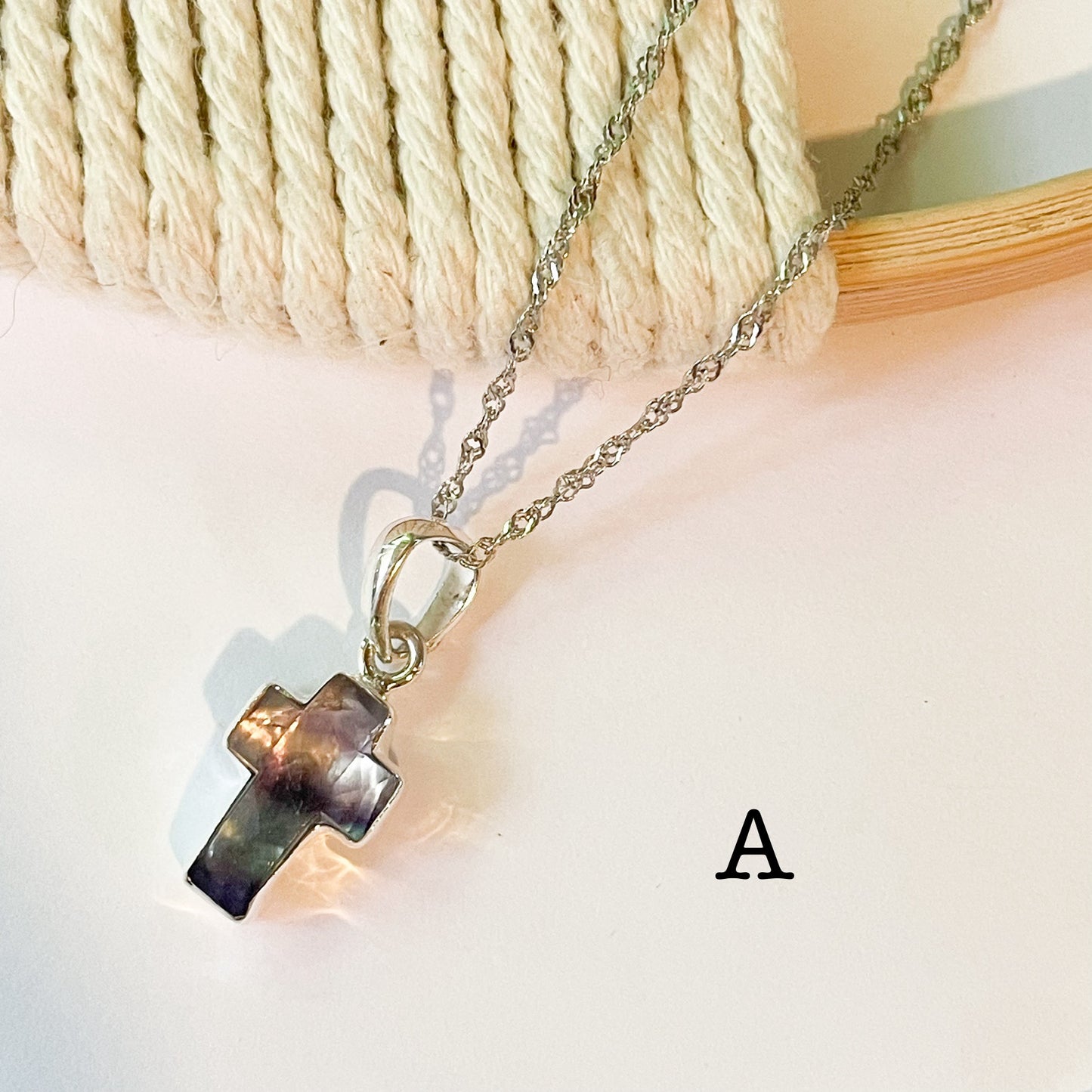 Fluorite Cross Dainty Pendant - Solid Sterling Silver