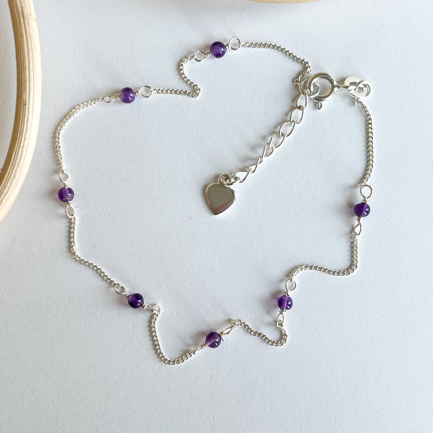 Amethyst Rosary Chain Anklet - Solid Sterling Silver