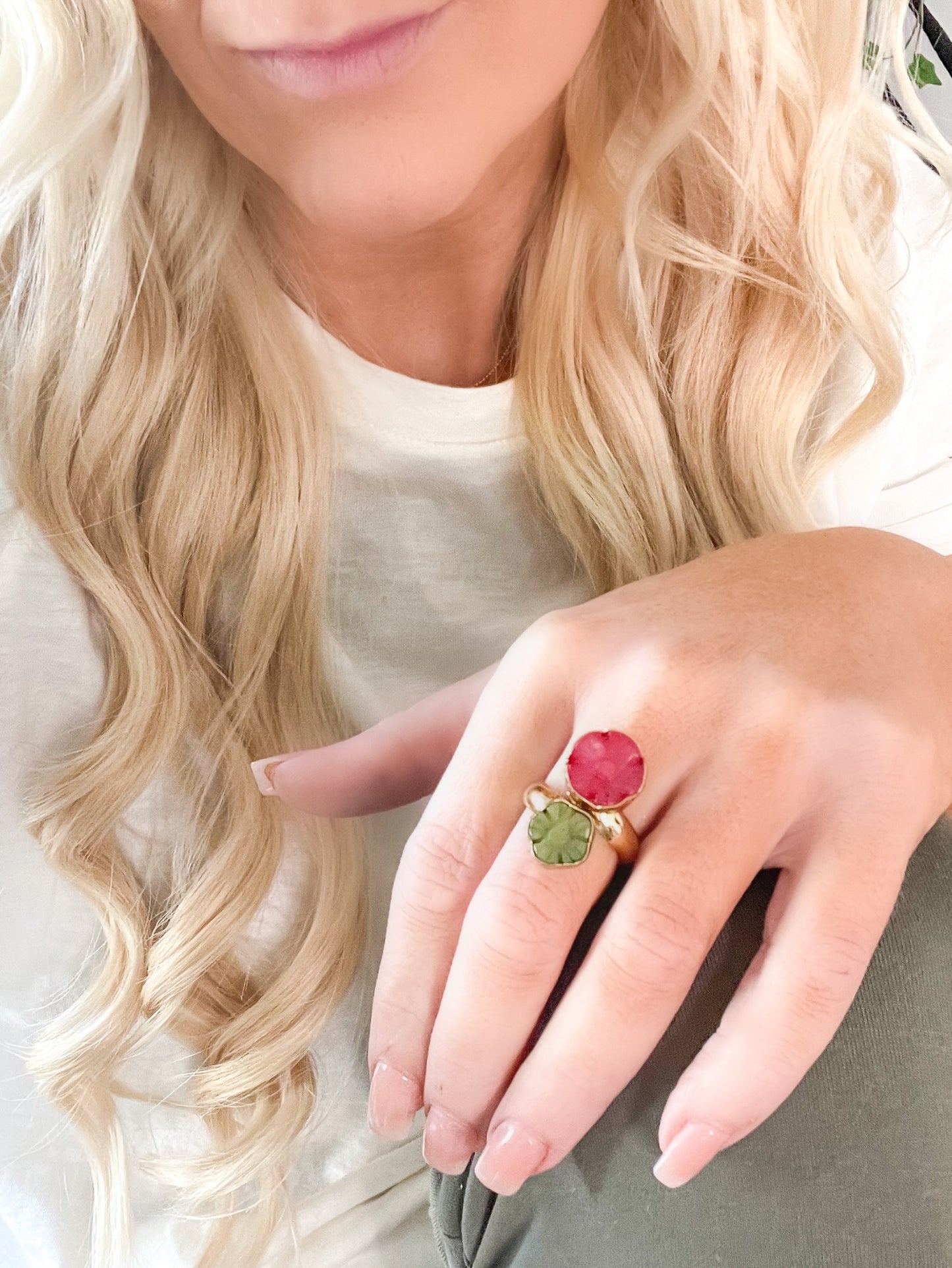 Jade Flower Pink & Green Bypass Ring - Alchemia