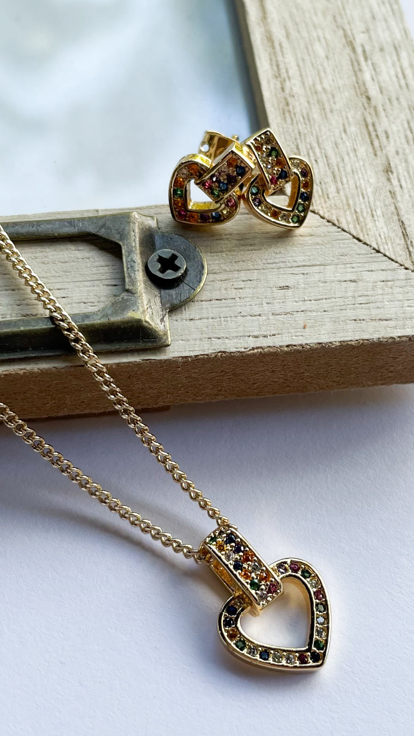 CZ Heart in a Link Earring & Necklace Set - 18k Gold Filled