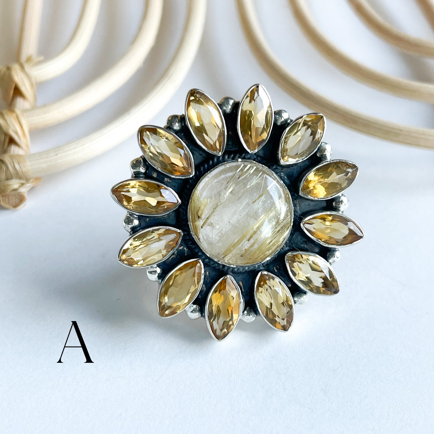 Golden Rutile & Citrine Ring - Solid Sterling Silver