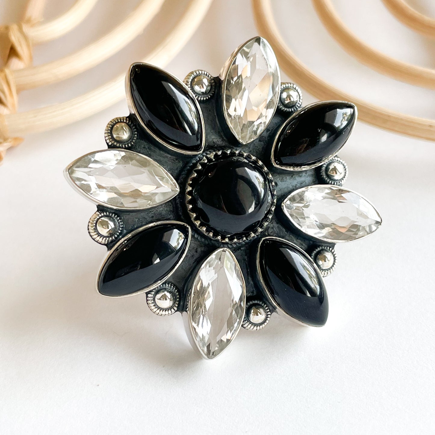 Black Onyx & Crystal Statement Ring - Solid Sterling Silver