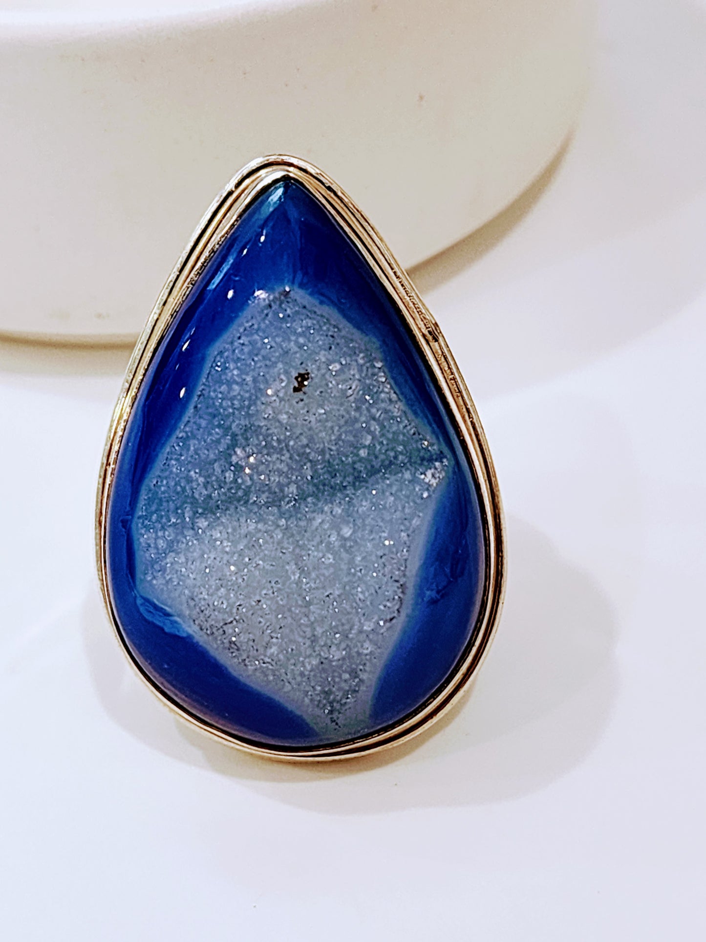Blue Druzy Flex Cuff Statement Ring  - Solid Sterling Silver