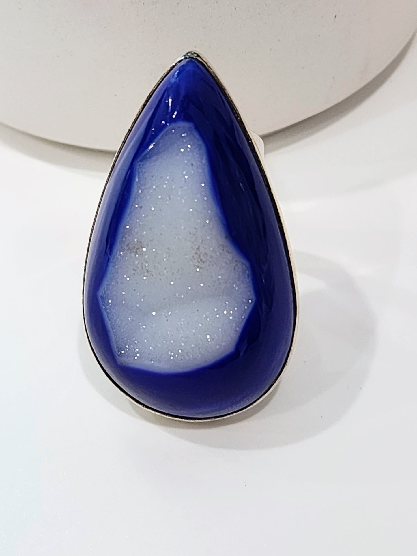 Blue Druzy Flex Cuff Statement Ring  - Solid Sterling Silver