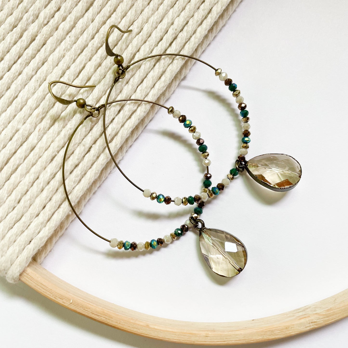 Treated Earth Tone Hoops with Crystal Charm Earrings - Dainty Boho