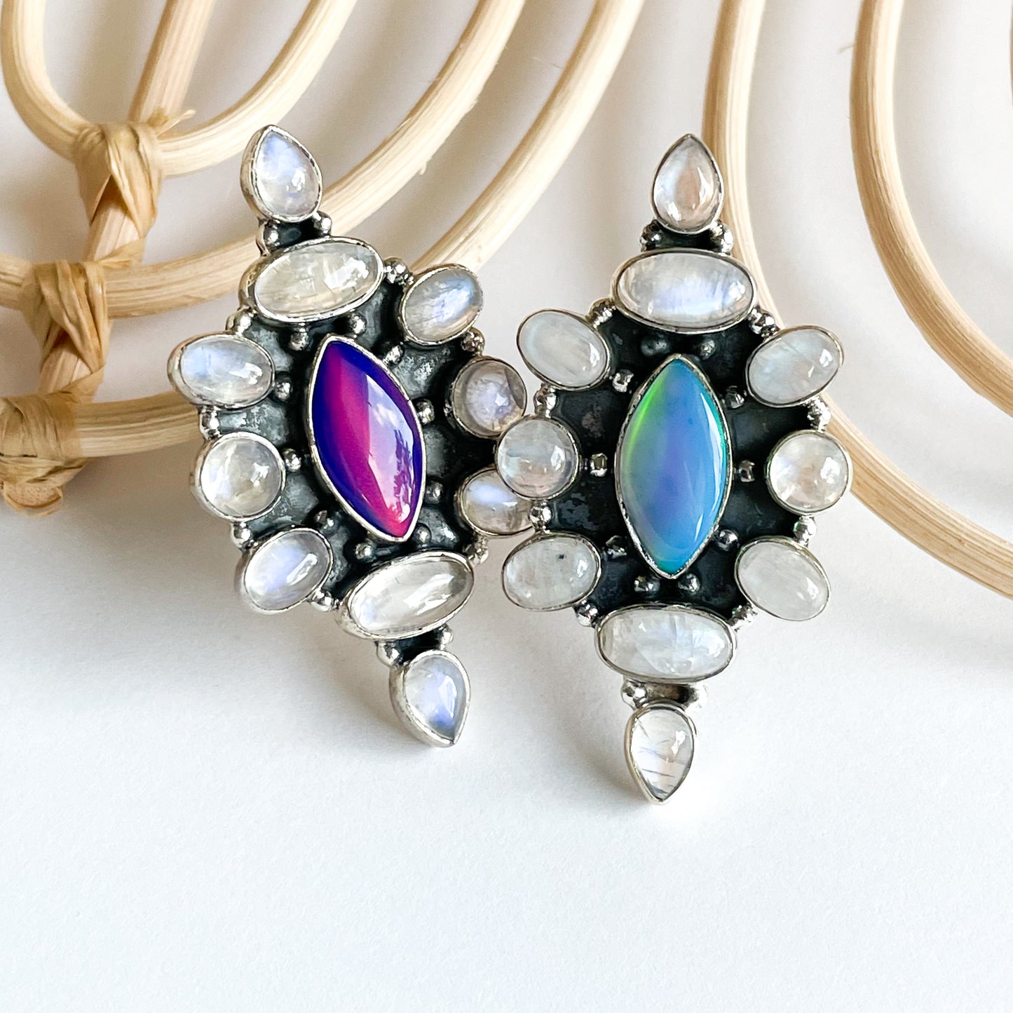 Galaxy Opal & Moonstone Statement Ring - Solid Sterling Silver - Blue & Purple