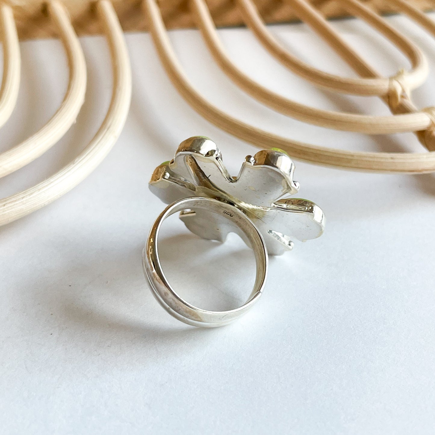 Green Ethiopian Opal Flower Ring - Solid Sterling Silver