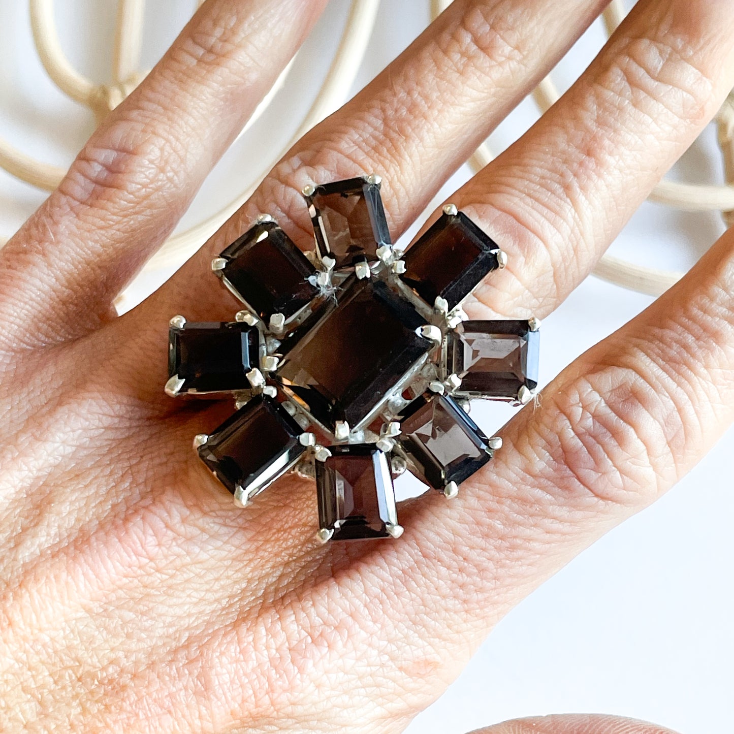 Square Smokey Quartz Statement Ring - Solid Sterling Silver