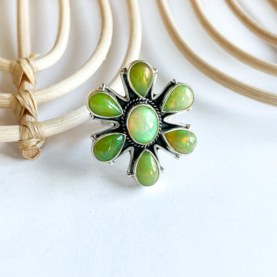 Green Ethiopian Opal Flower Ring - Solid Sterling Silver