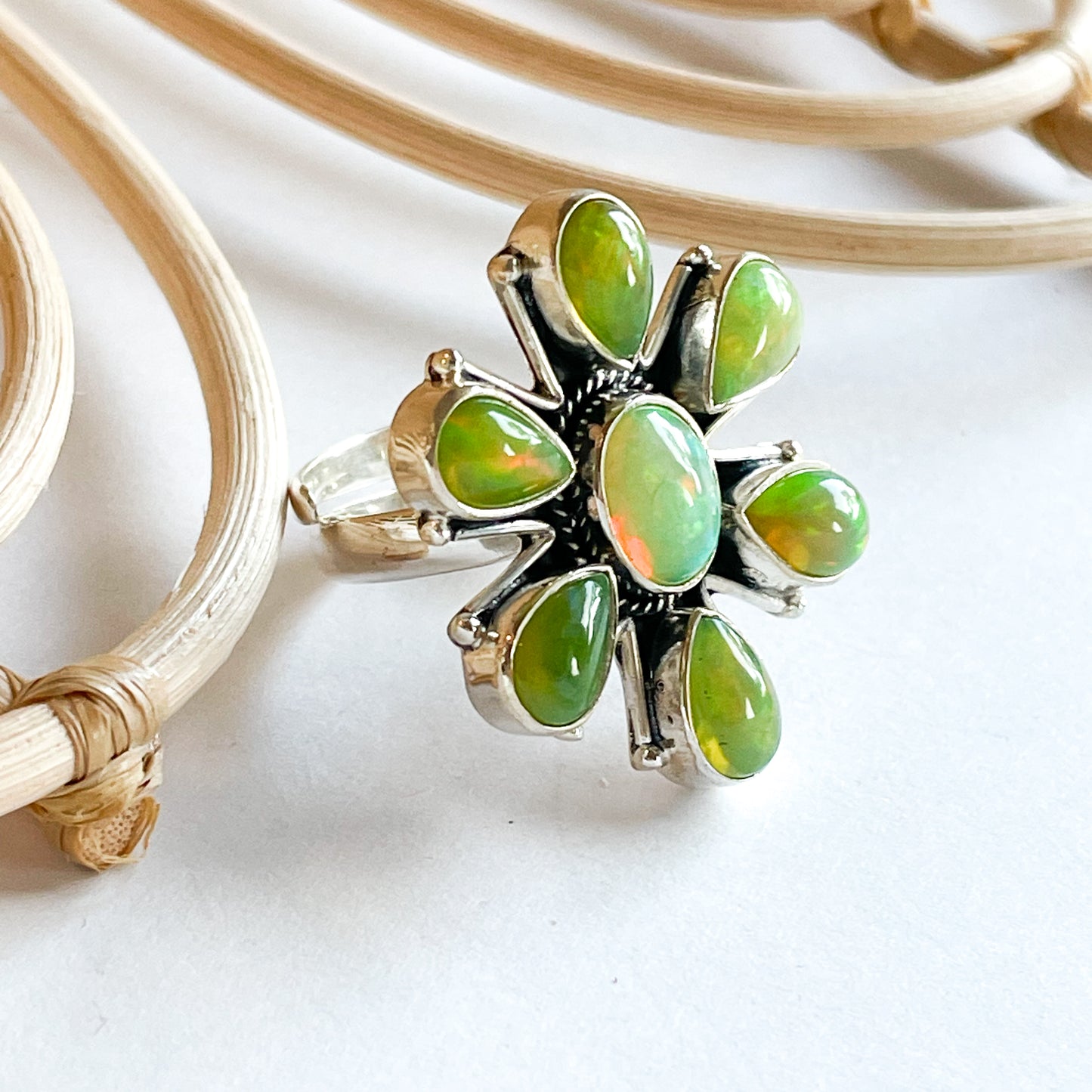 Green Ethiopian Opal Flower Ring - Solid Sterling Silver