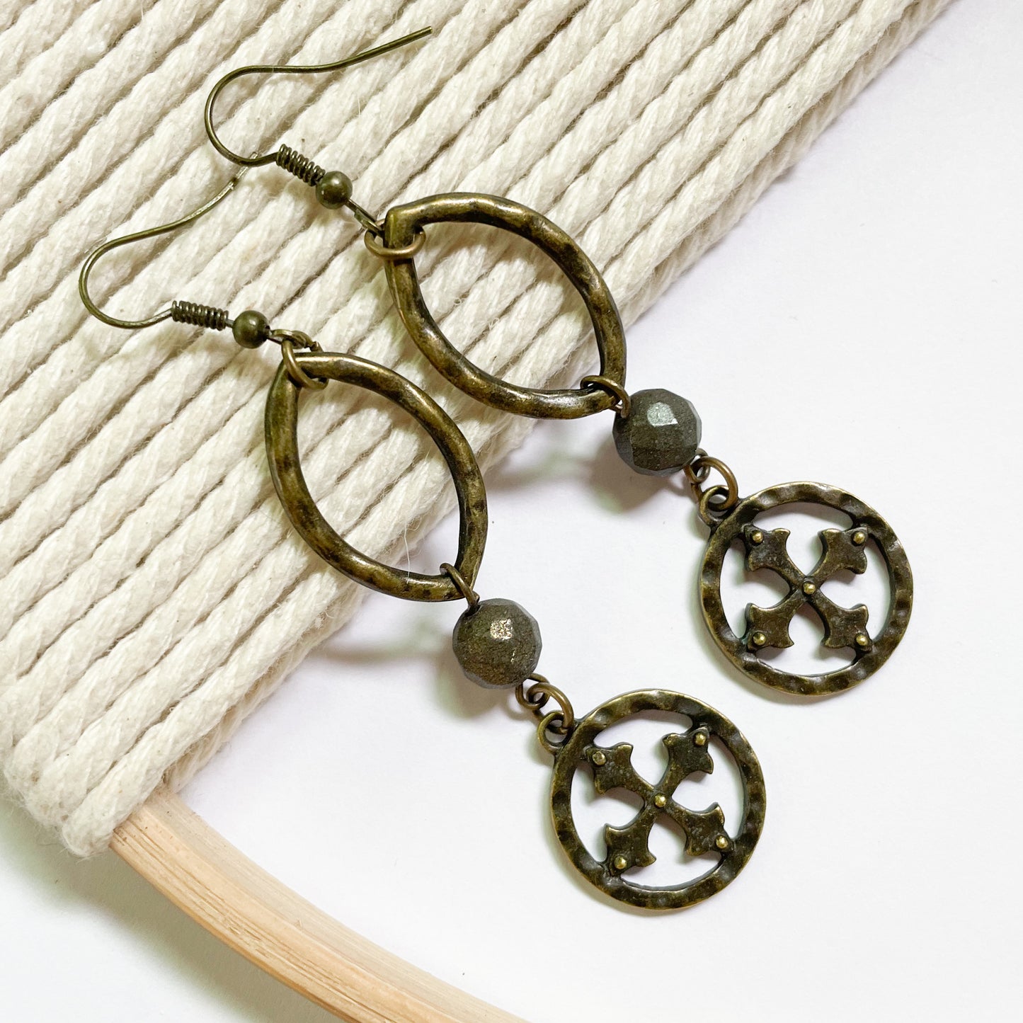 Pyrite Dangle Cross Earrings - Dainty Boho