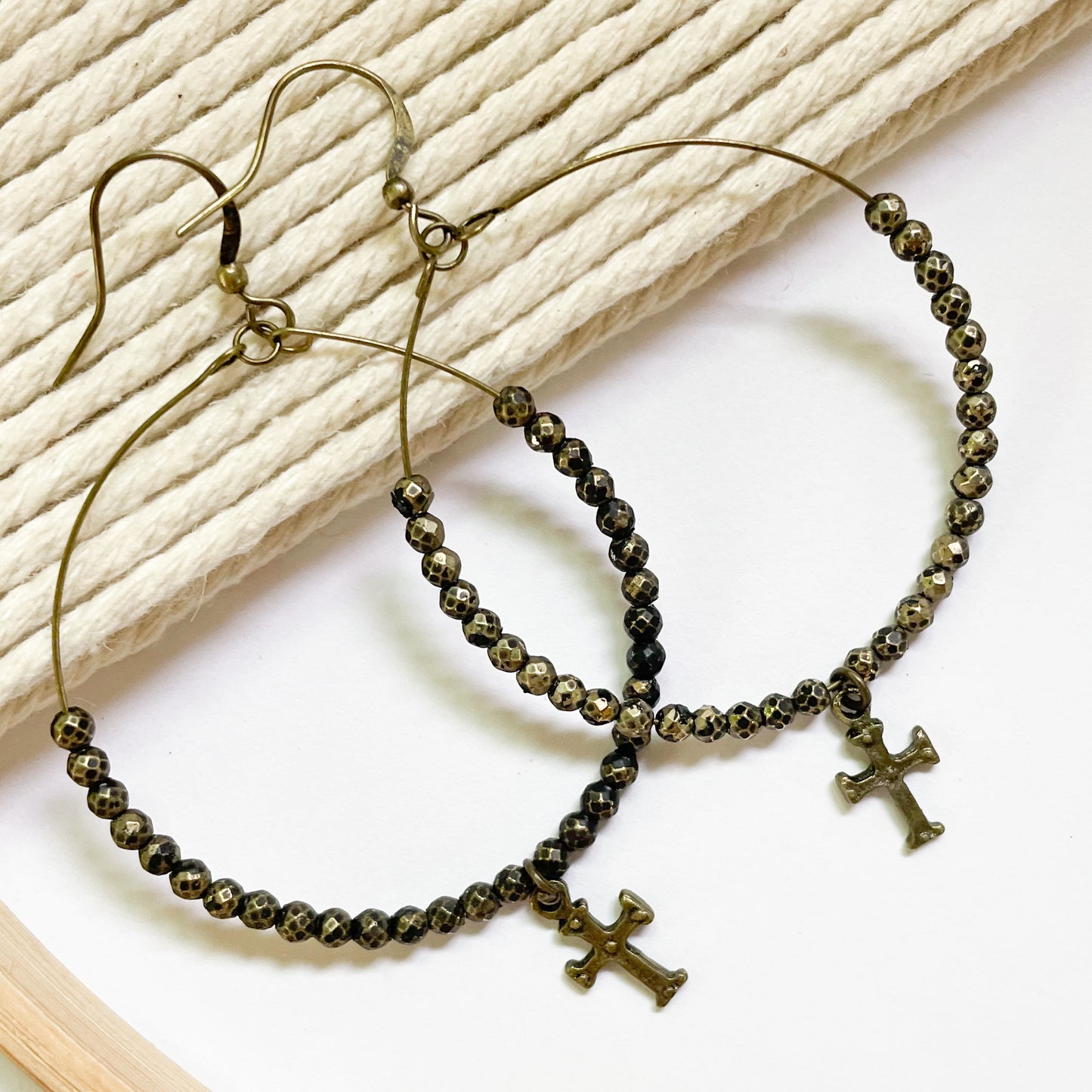 Pyrite Dainty Cross Hoop - Dainty Boho
