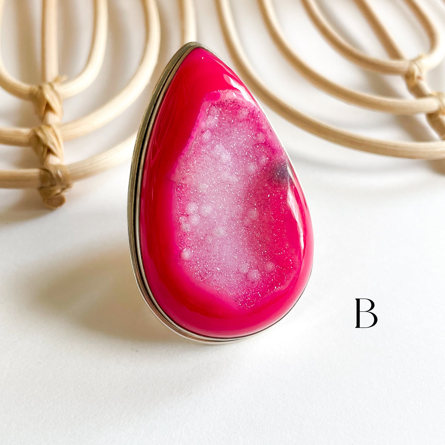 Pink Druzy Flex Cuff Statement Ring - Solid Sterling Silver