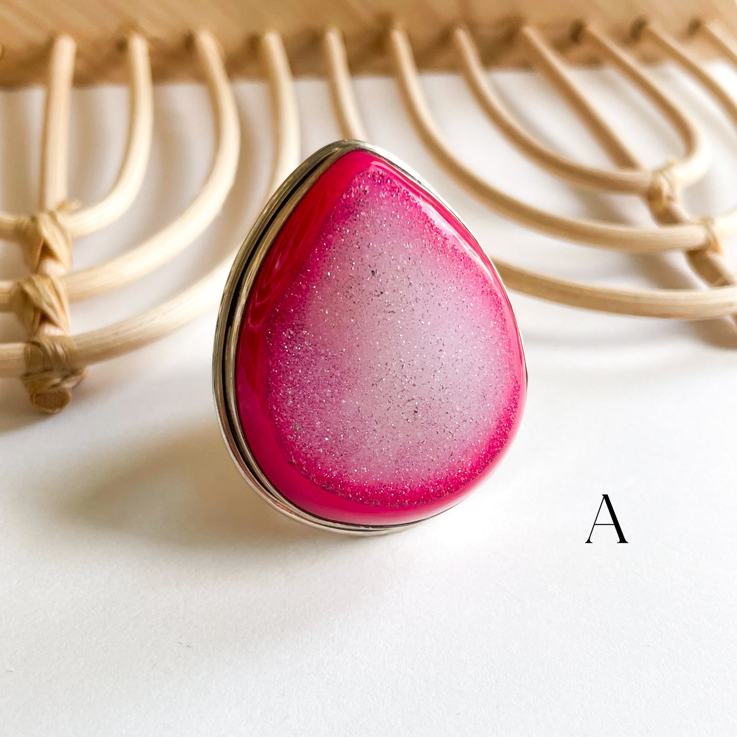 Pink Druzy Flex Cuff Statement Ring - Solid Sterling Silver