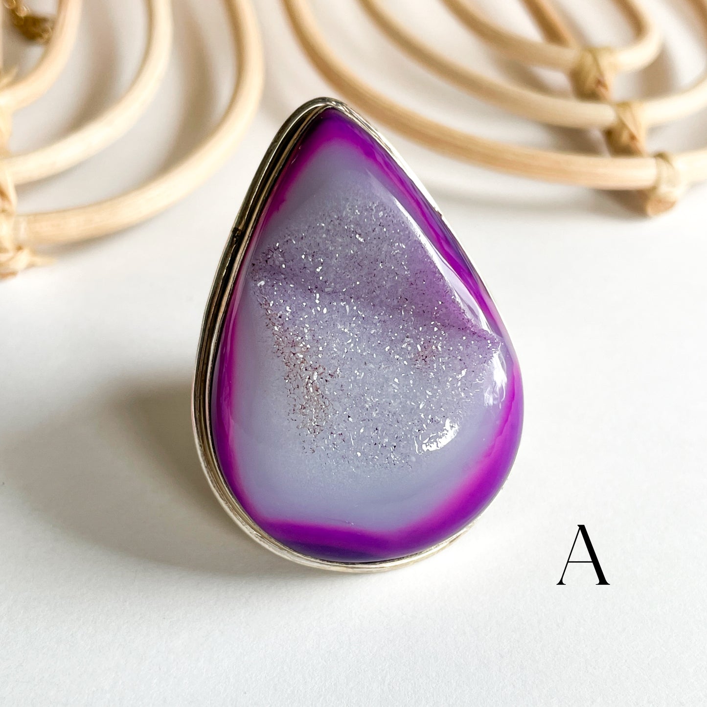 Purple Druzy Flex Cuff Statement Ring - Solid Sterling Silver