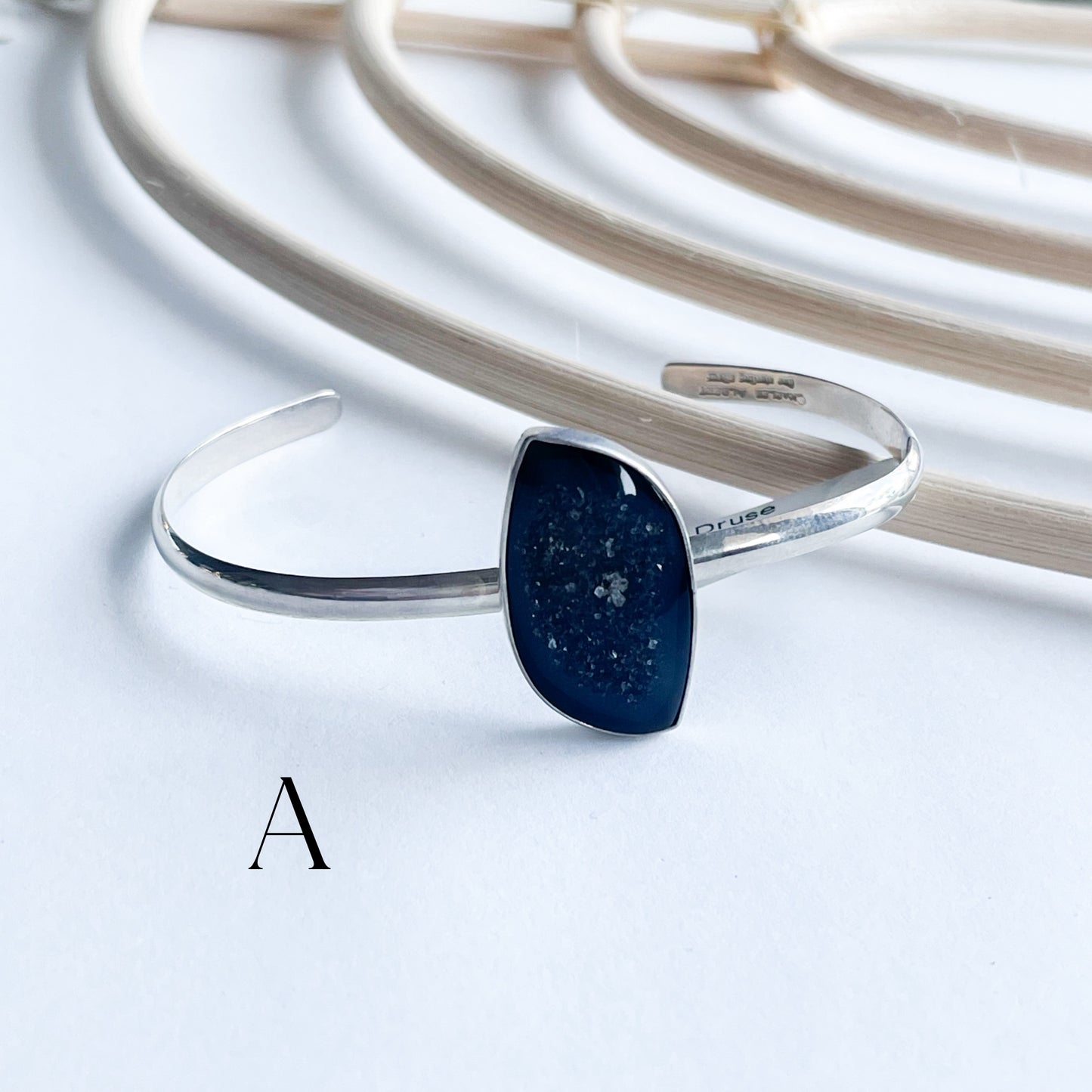 Black Druzy Cuff - Solid Sterling Silver