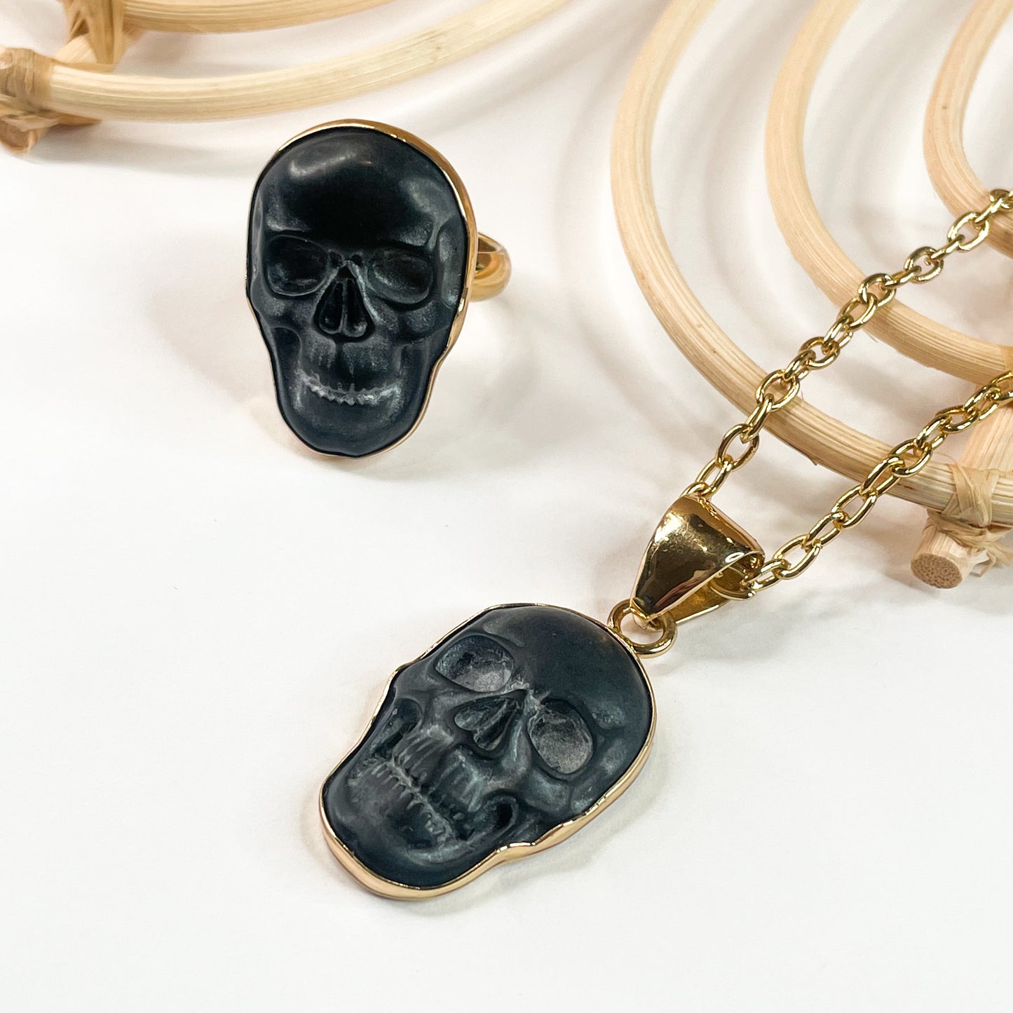 Greyish Black Obsidian Skull Pendant & Ring - Alchemia