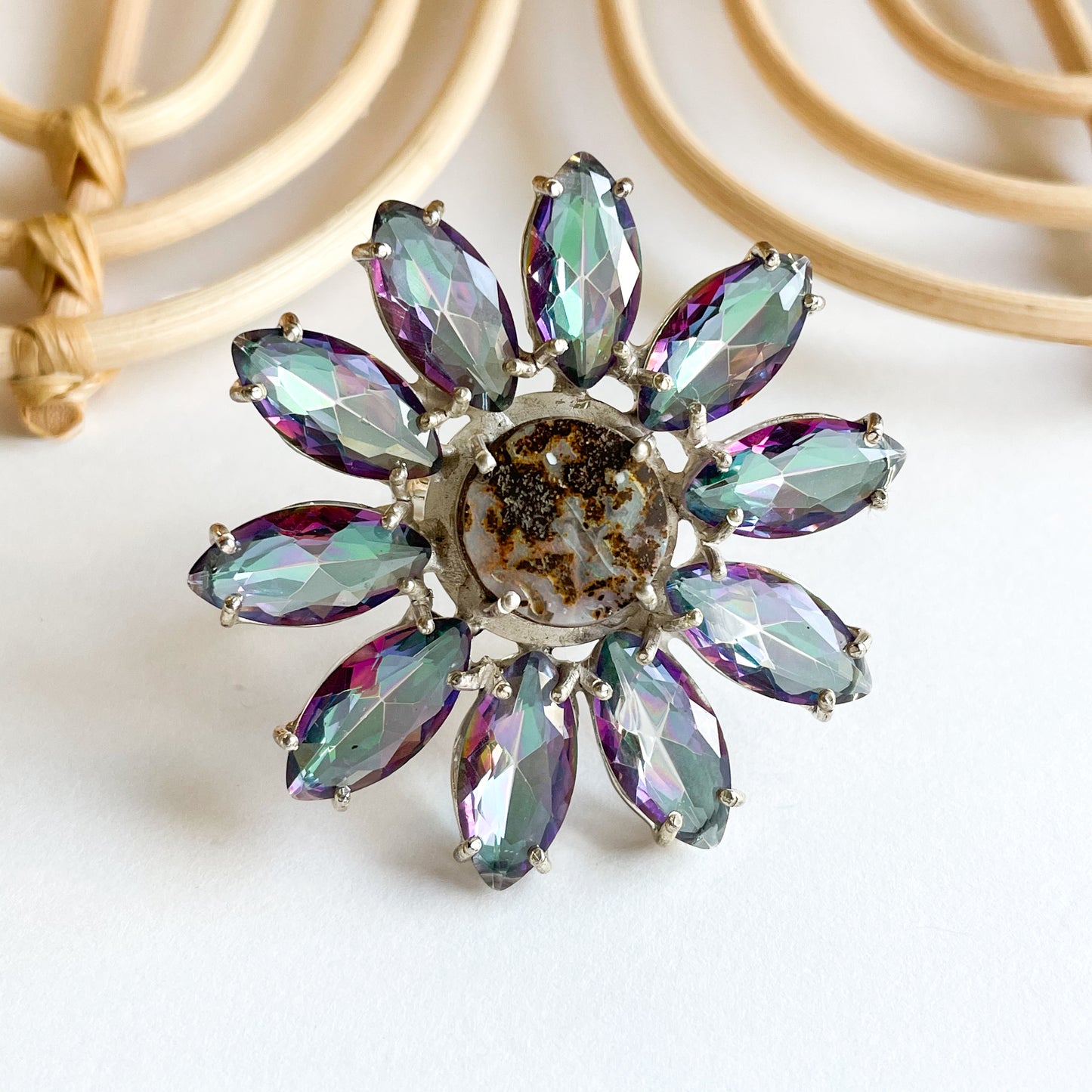 Mystic Quartz & Boulder Opal Flower Statement Ring - Solid Sterling Silver