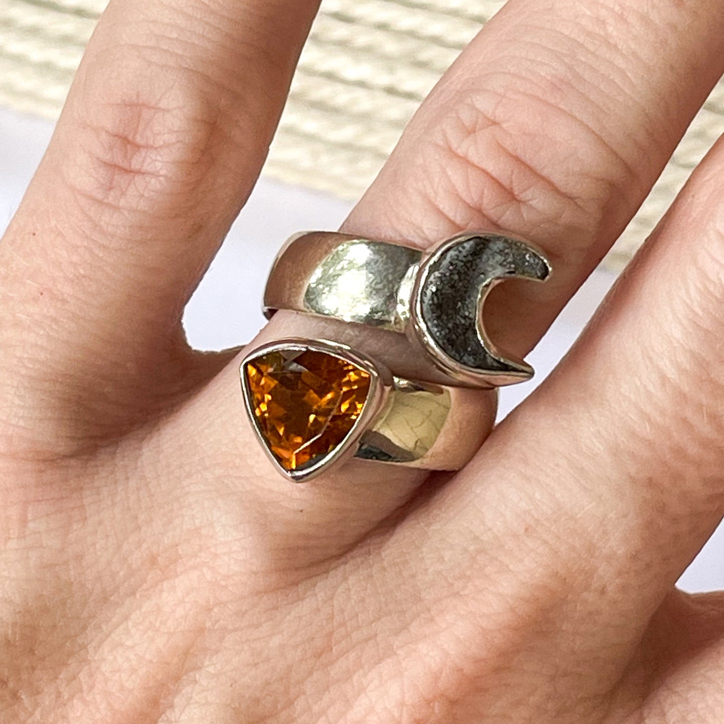 Trillion CZ & Moon Bypass Ring - Solid Sterling Silver