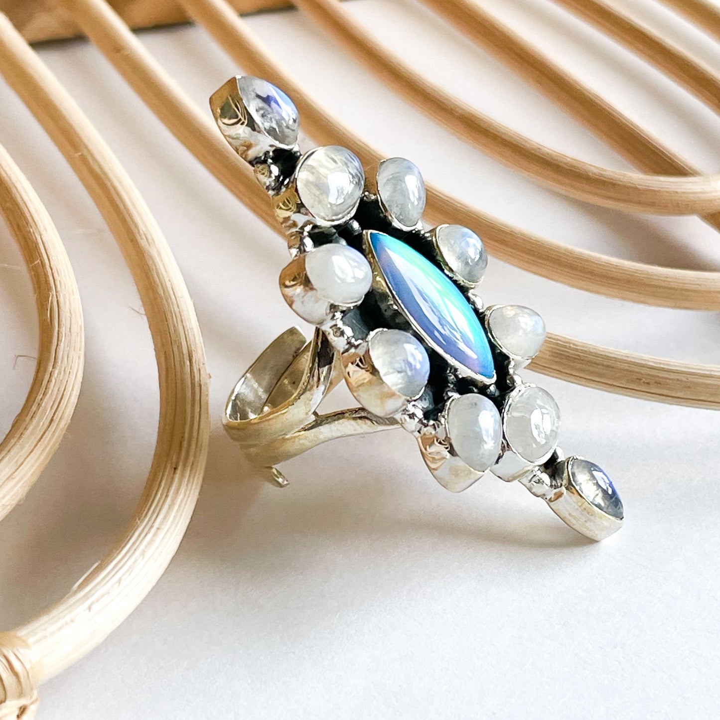 Galaxy Opal & Moonstone Statement Ring - Solid Sterling Silver - Blue & Purple