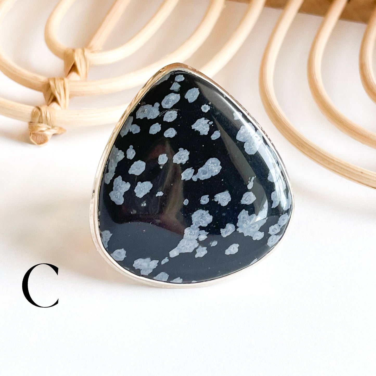 Snowflake Obsidian Flex Cuff Statement Ring - Solid Sterling Silver