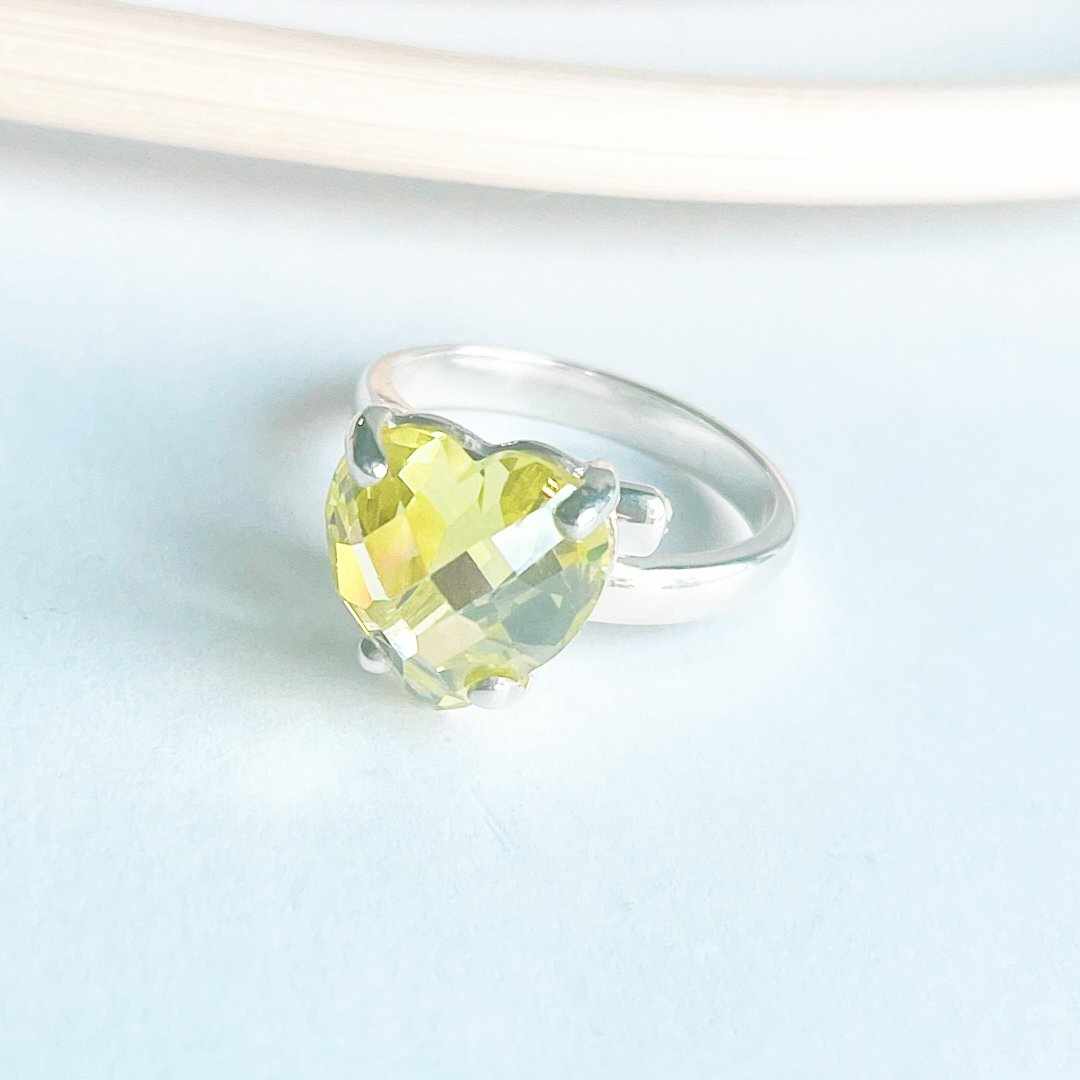 Yellow CZ Heart Prong Ring - Solid Sterling Silver