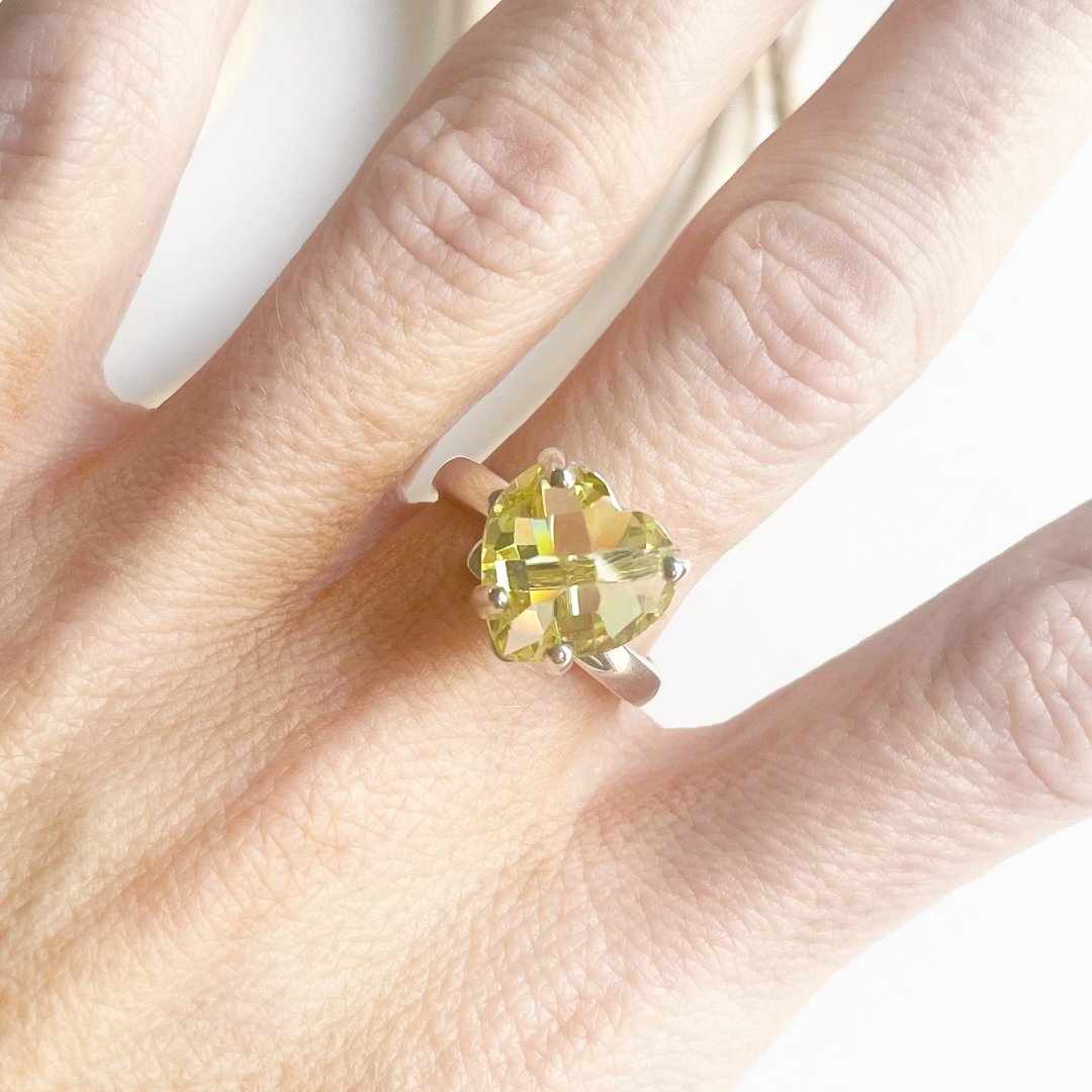 Yellow CZ Heart Prong Ring - Solid Sterling Silver