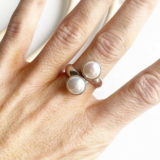 Pearl Double Bypass Ring - Solid Sterling Silver