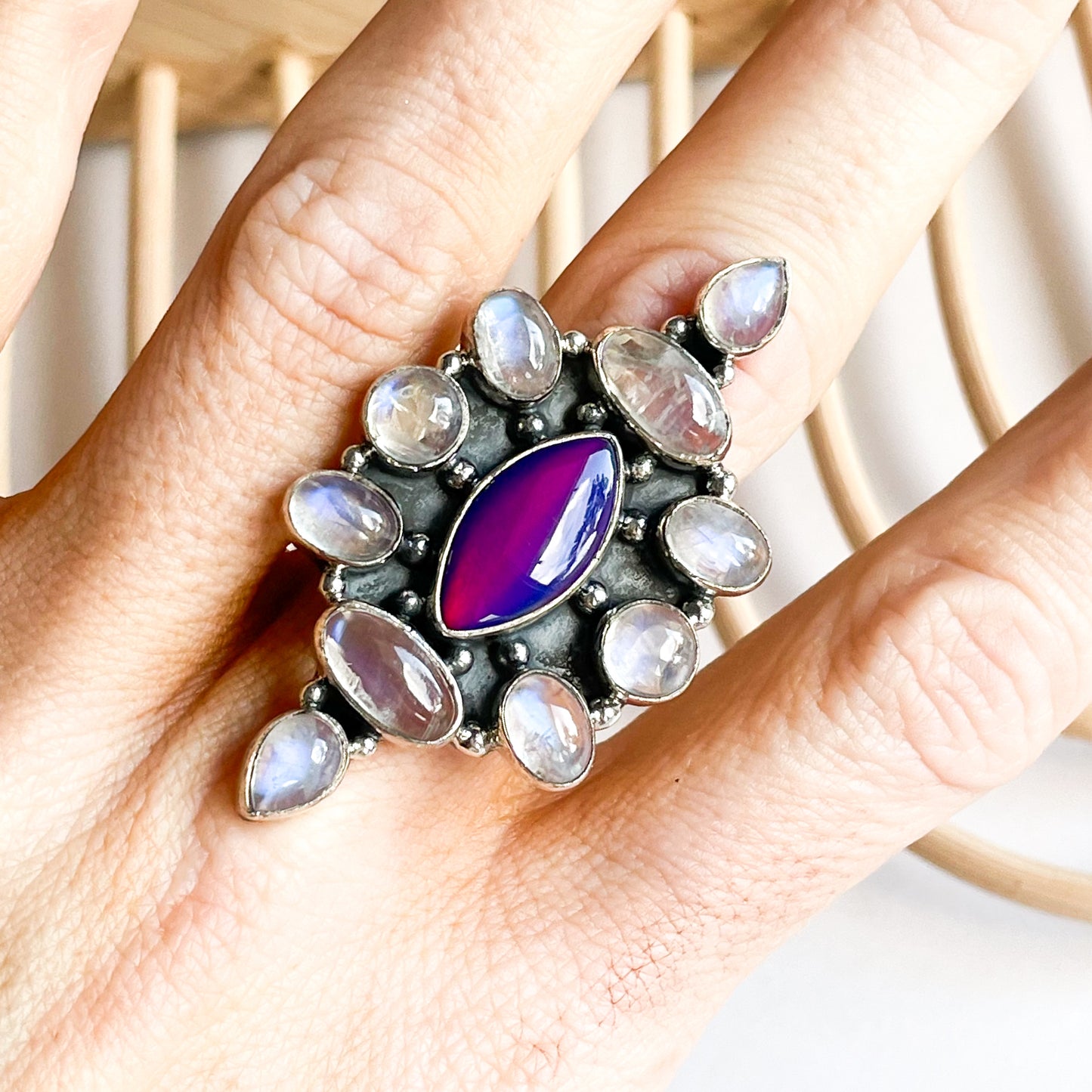 Galaxy Opal & Moonstone Statement Ring - Solid Sterling Silver - Blue & Purple