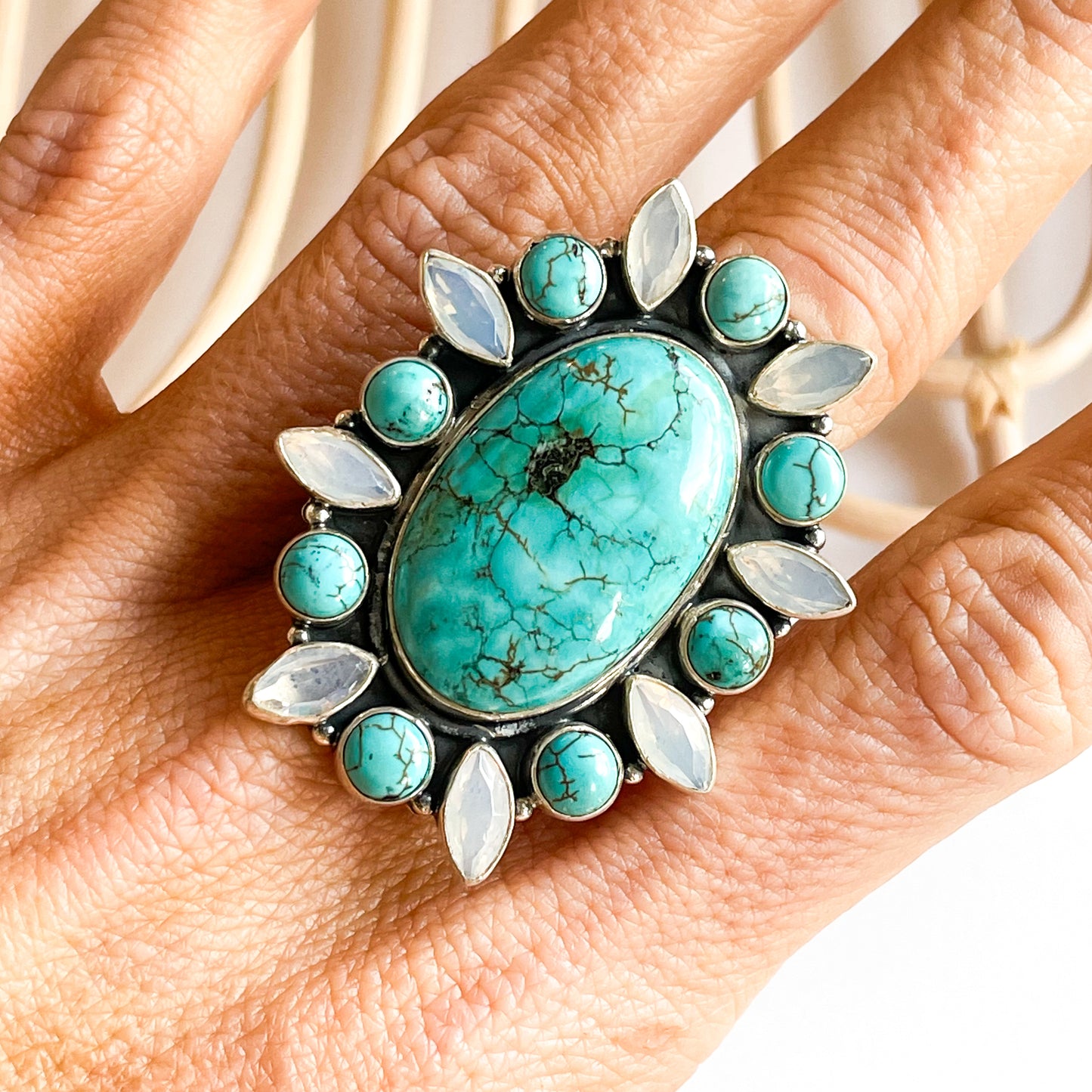 Turquoise & Opalite Statement Ring - Solid Sterling Silver