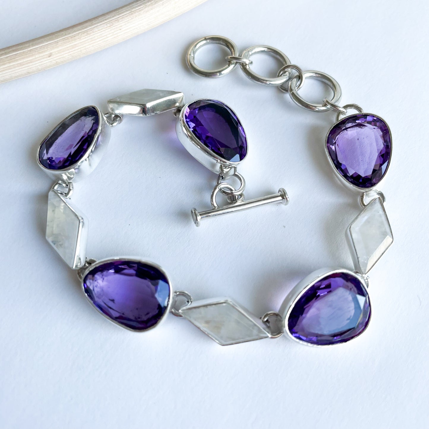 Rainbow Moonstone & Amethyst Bracelet - Solid Sterling Silver