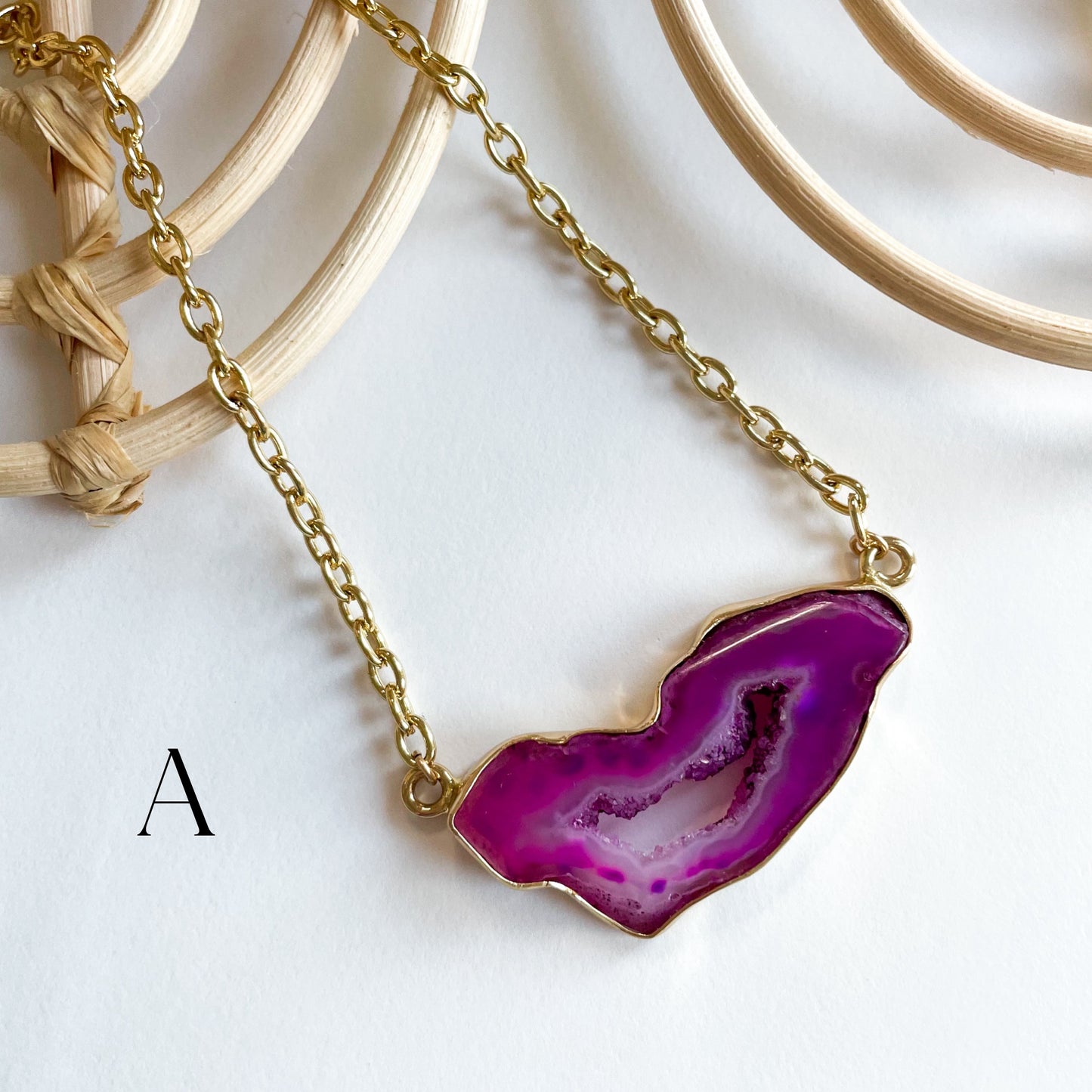 Pink Agate Druzy Necklace - Alchemia Gold