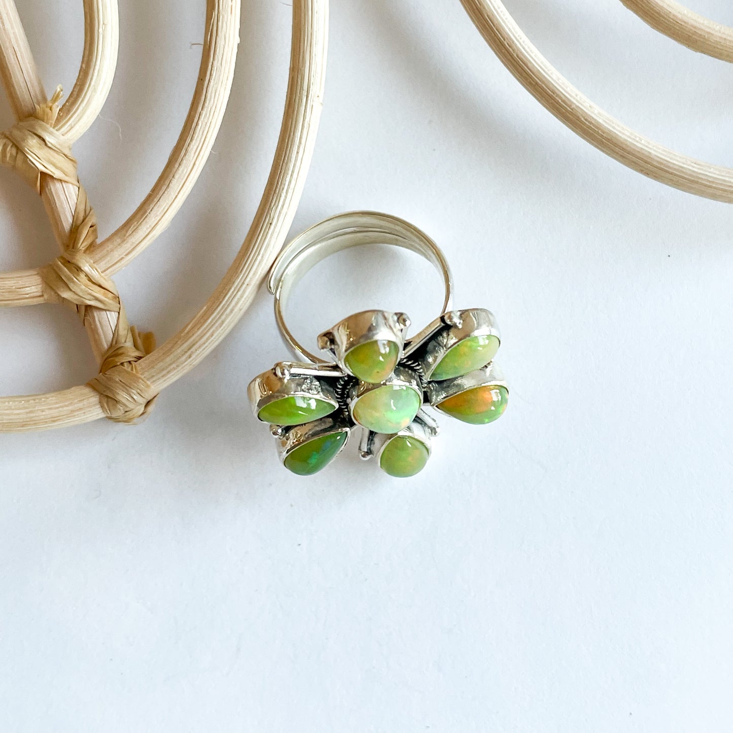 Green Ethiopian Opal Flower Ring - Solid Sterling Silver