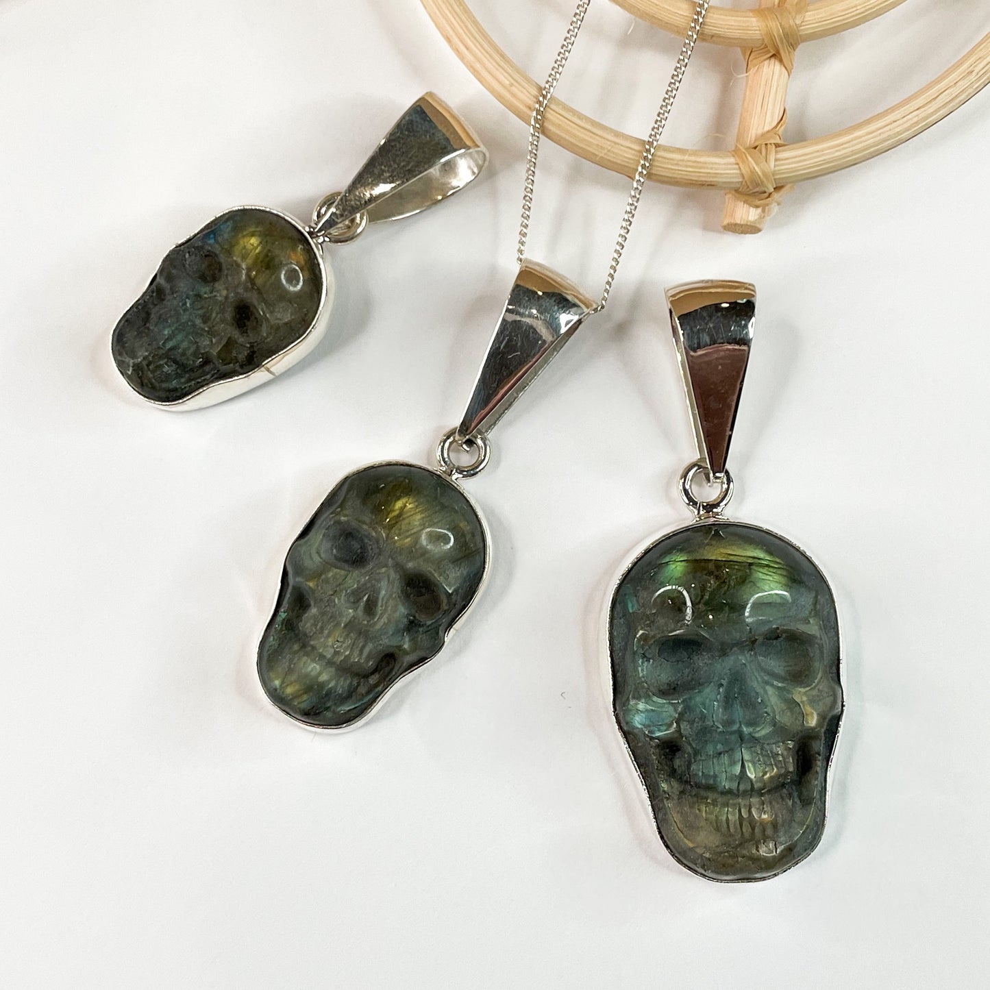 Dainty Skull Labradorite Pendant - Solid Sterling Silver