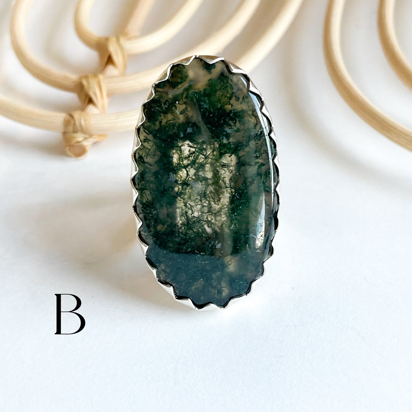 Moss Agate Flex Cuff Statement Ring - Solid Sterling Silver