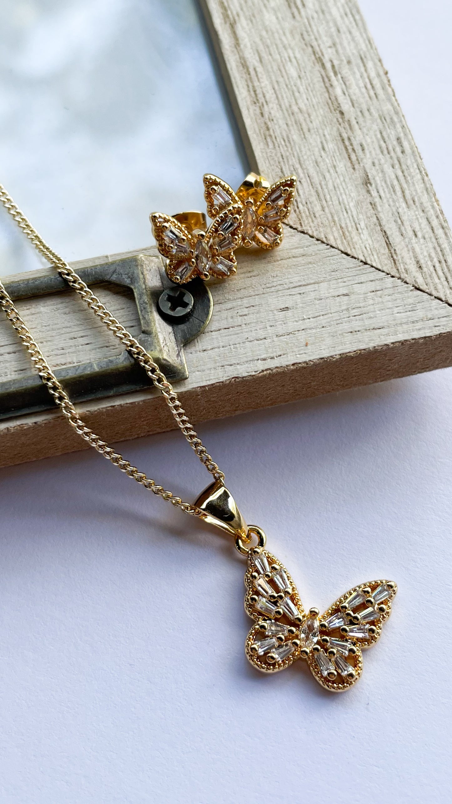 CZ Butterfly Earring & Necklace Set - 18k Gold Filled