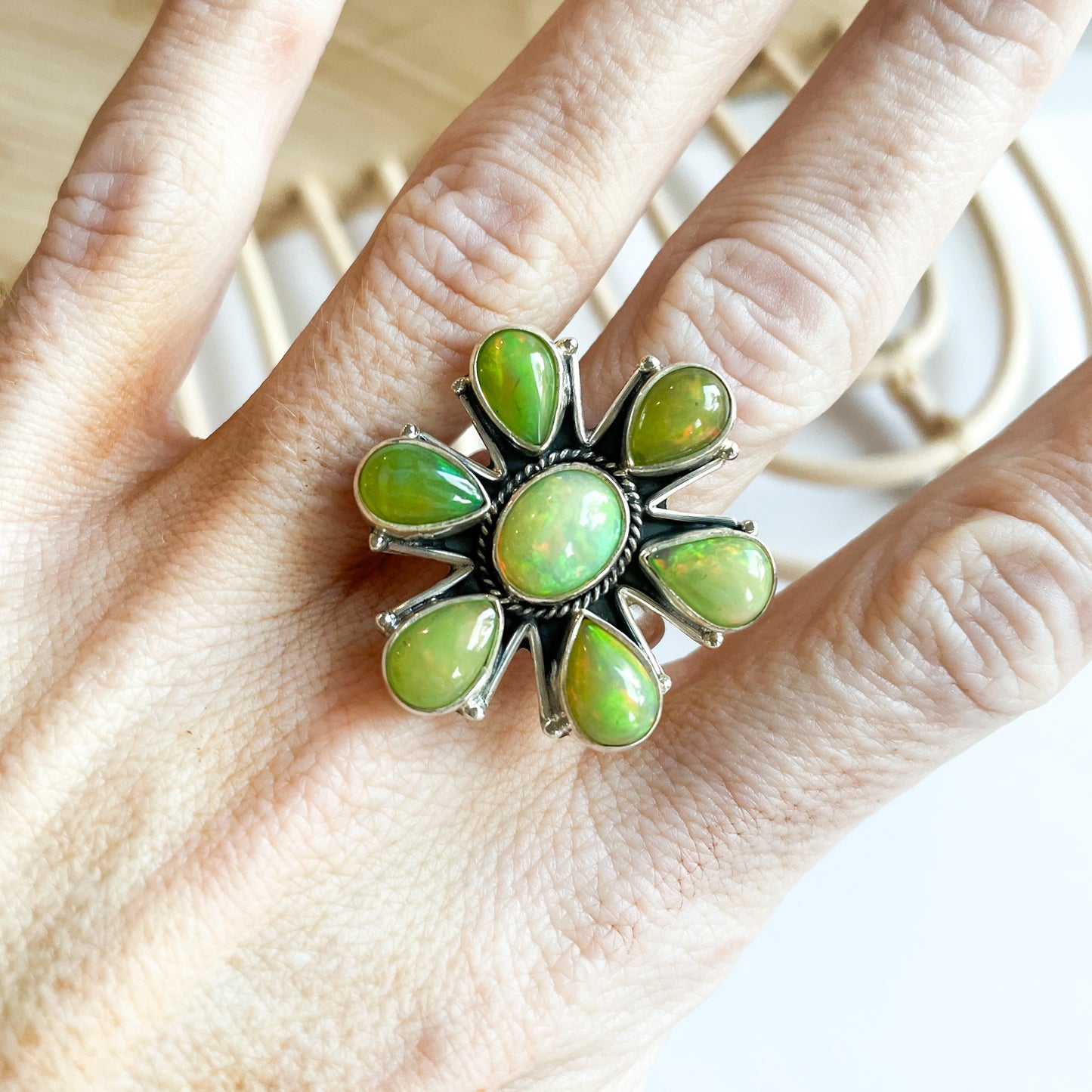 Green Ethiopian Opal Flower Ring - Solid Sterling Silver