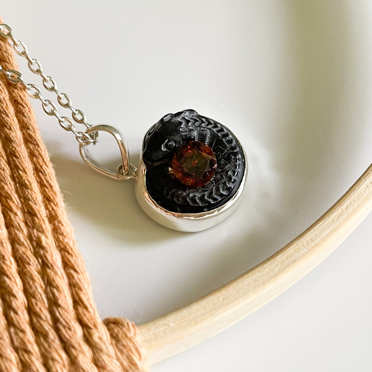 Serpent & Stone Pendant - Solid Sterling Silver