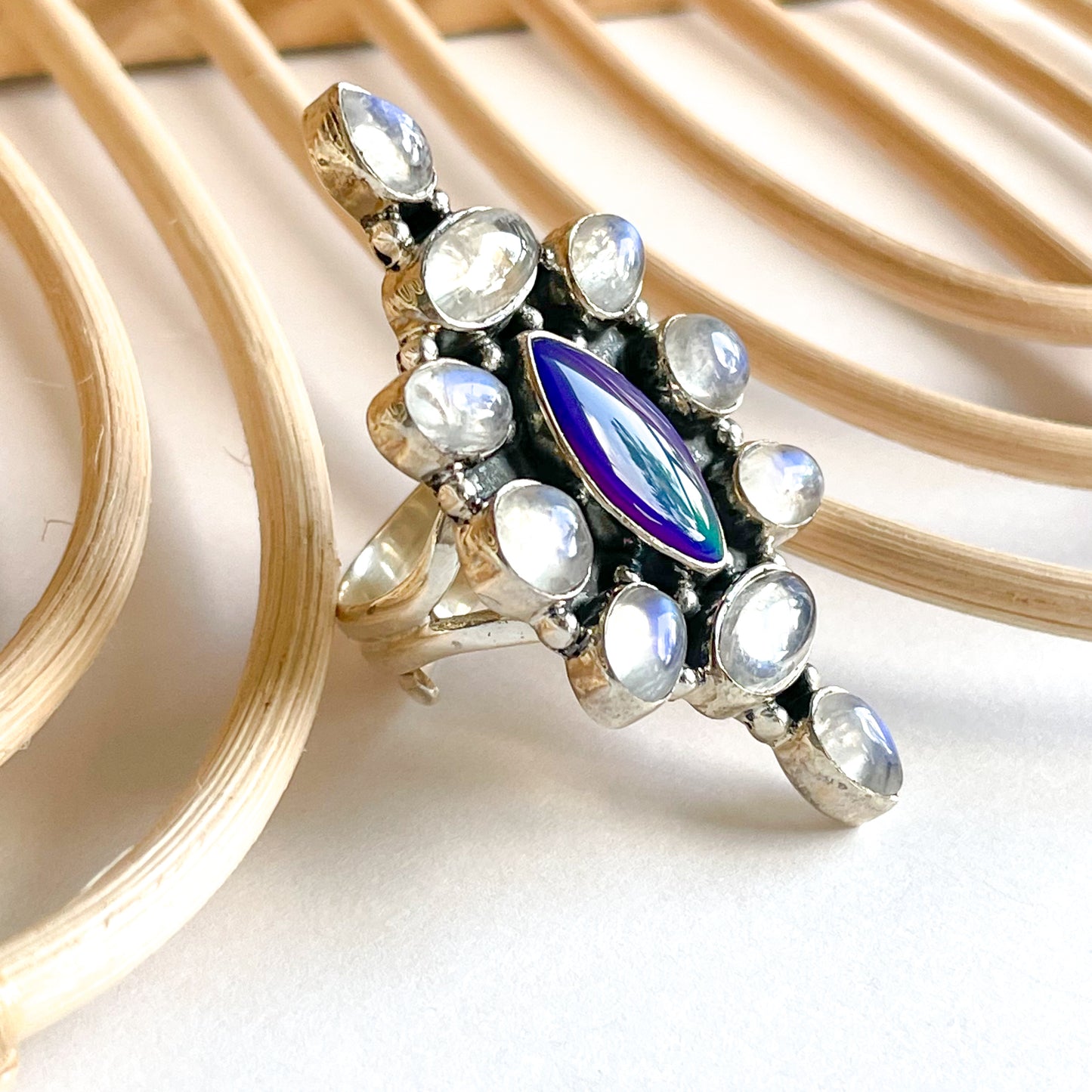 Galaxy Opal & Moonstone Statement Ring - Solid Sterling Silver - Blue & Purple