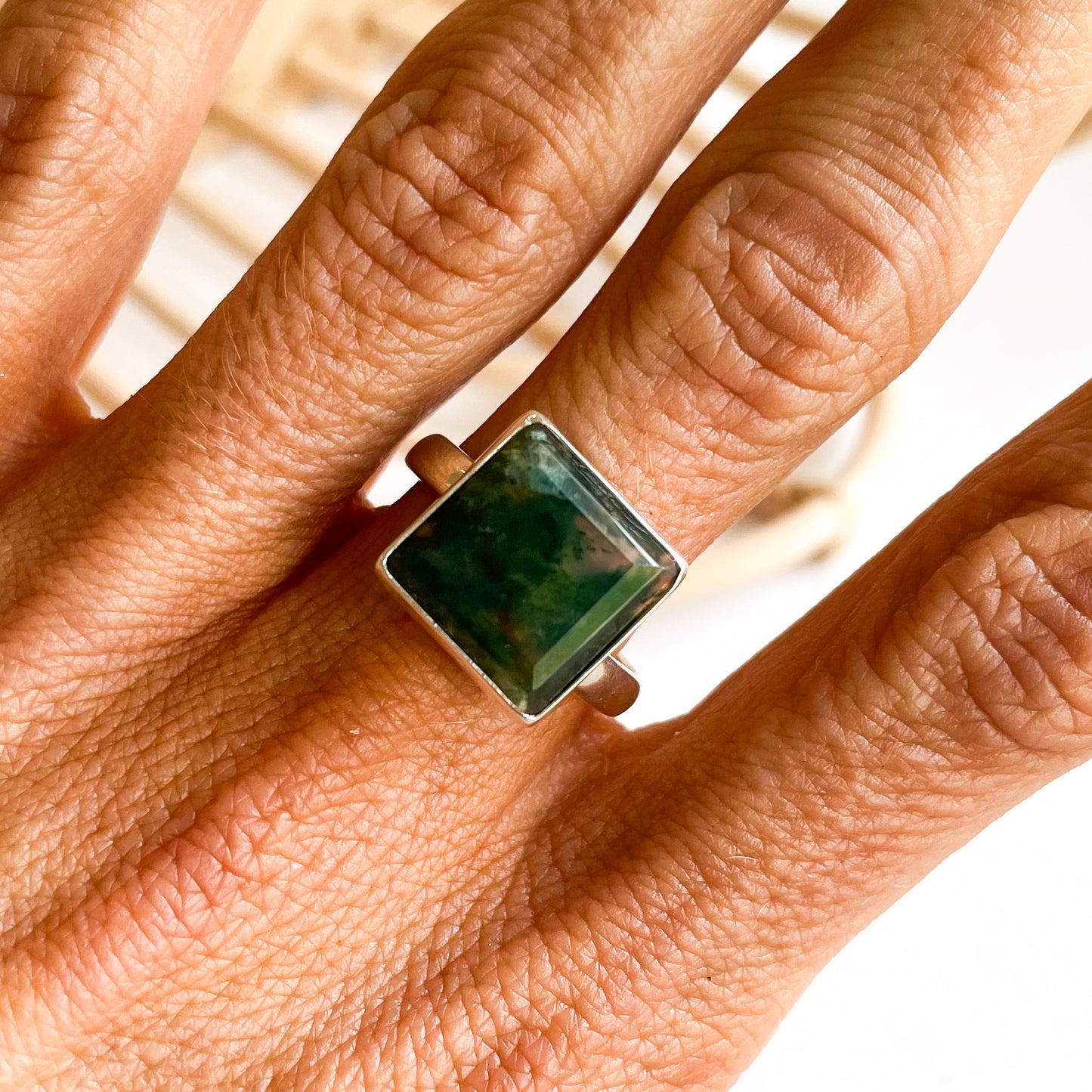 Moss Agate Square Ring - Solid Sterling SIlver