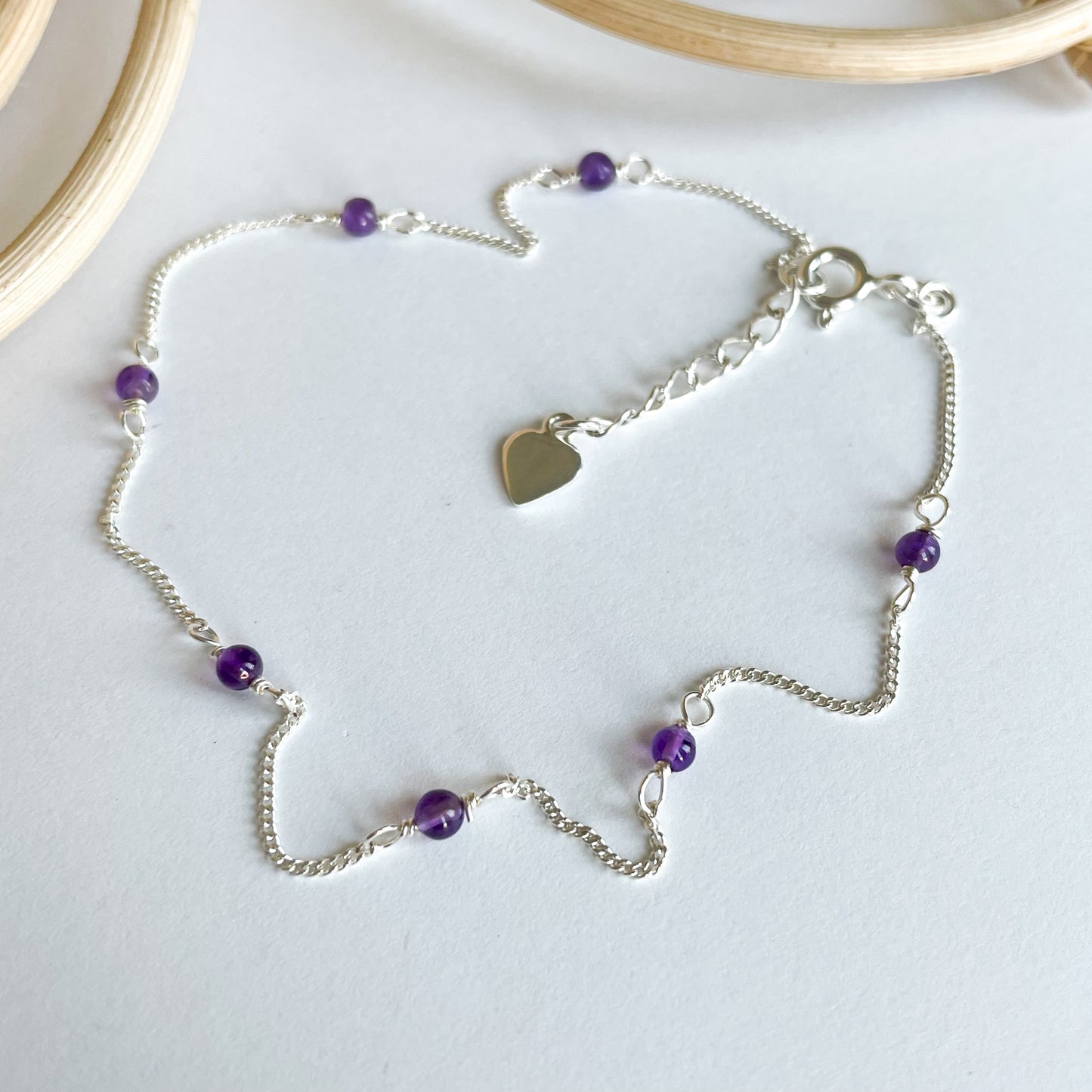 Amethyst Rosary Chain Anklet - Solid Sterling Silver