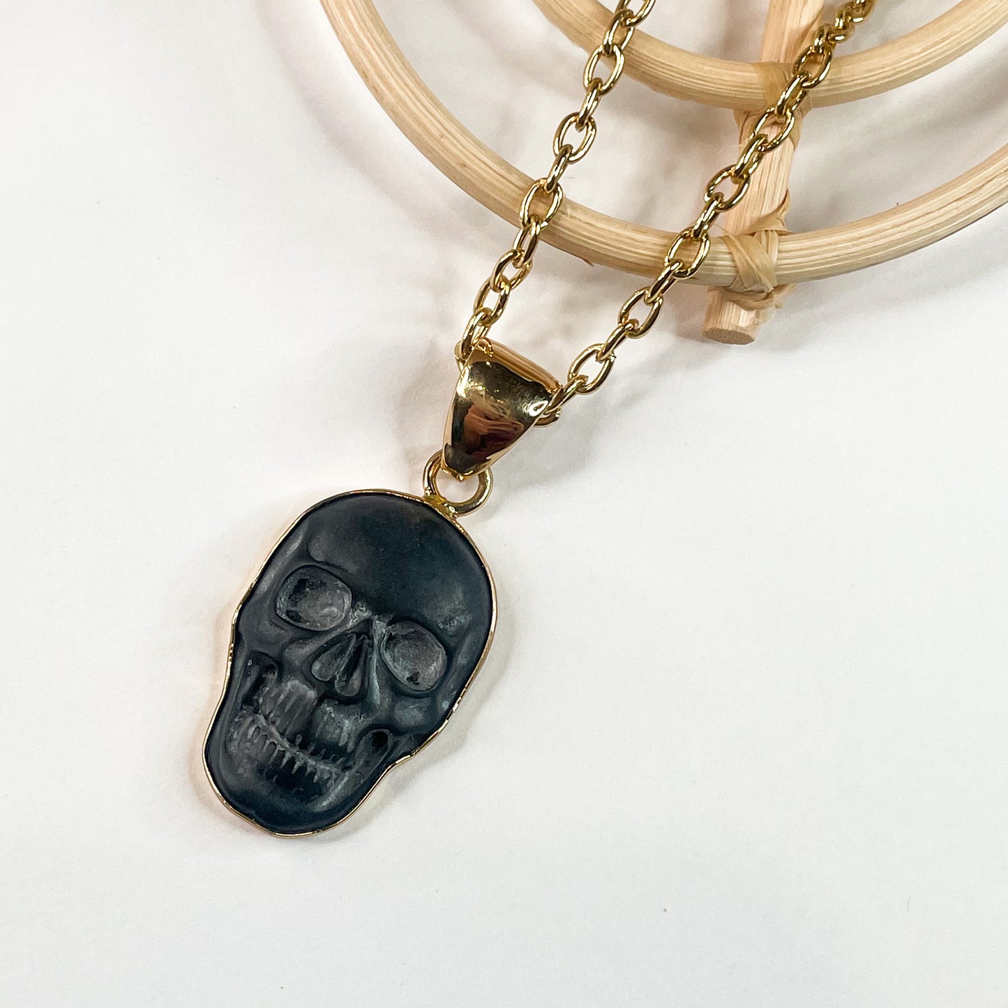 Greyish Black Obsidian Skull Pendant & Ring - Alchemia