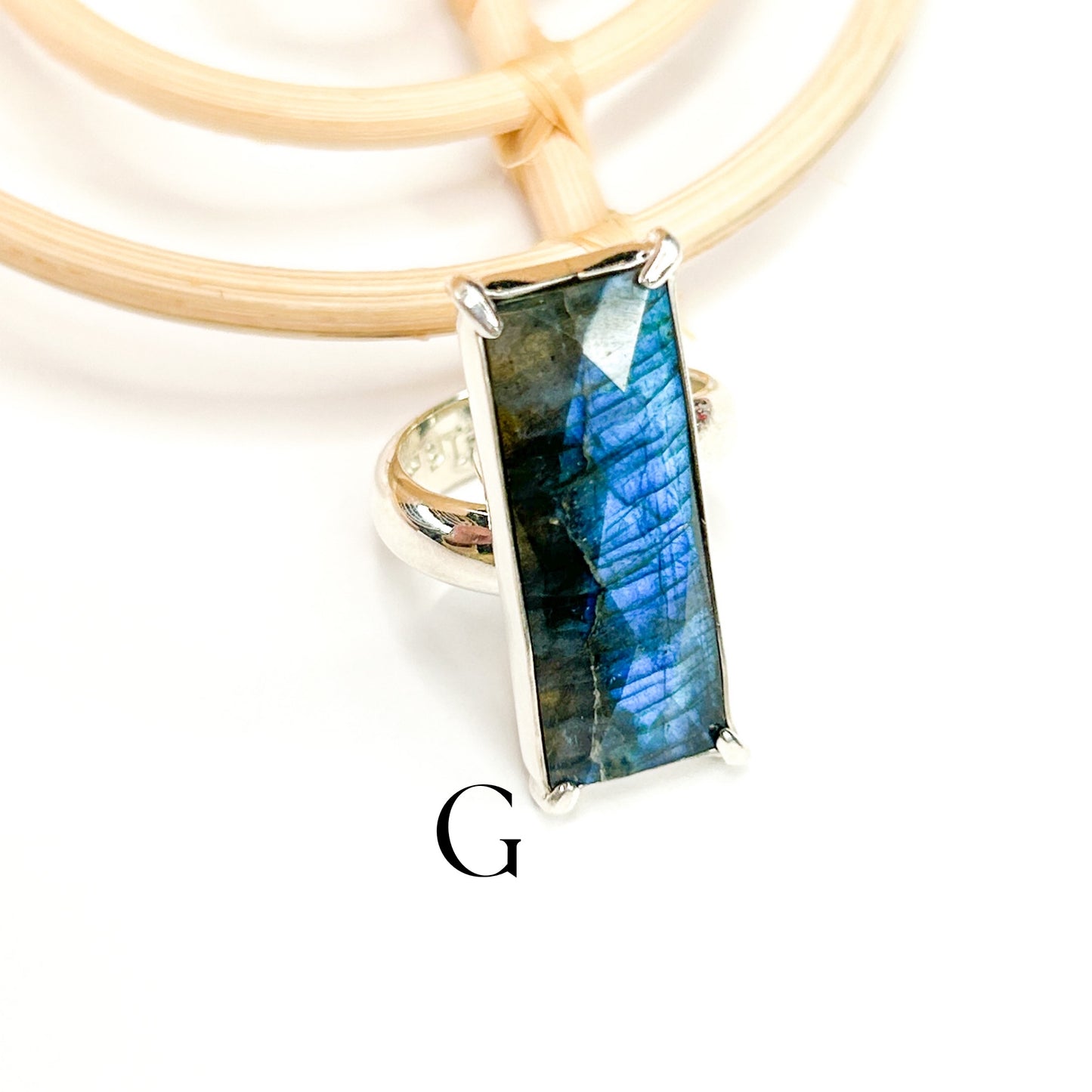 Labradorite Slim Rectangle Faceted Ring - Solid Sterling Silver
