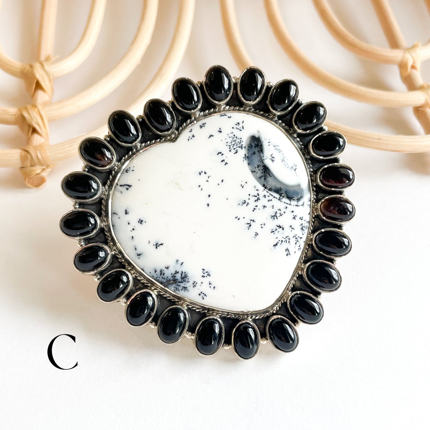 Dendrite & Onyx Heart Statement Ring - Solid Sterling Silver