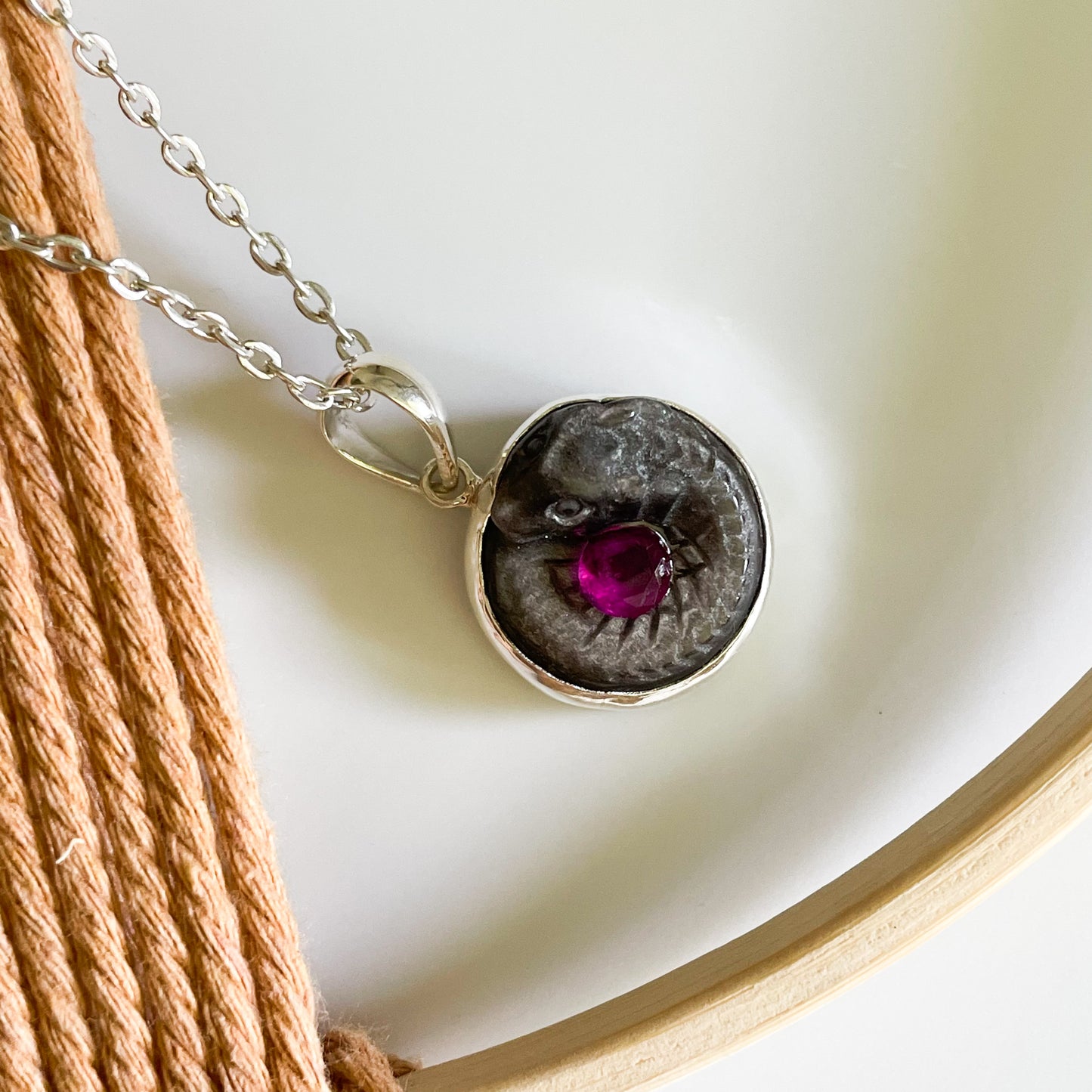 Serpent & Stone Pendant - Solid Sterling Silver